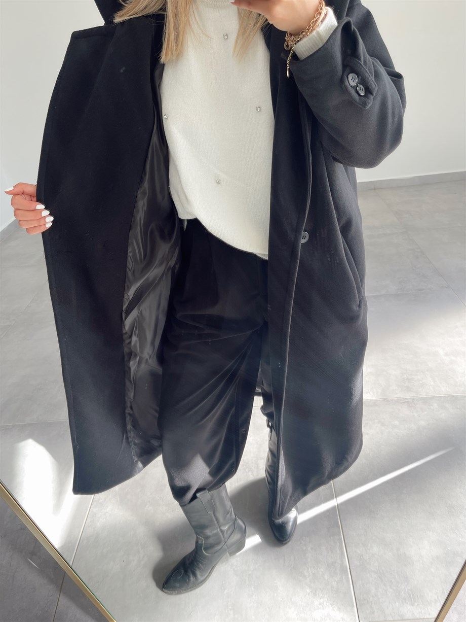 Siyah Oversize Kruvaze Kaban