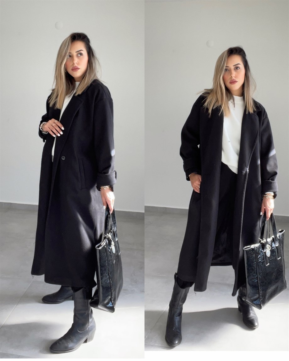 Siyah Oversize Kruvaze Kaban