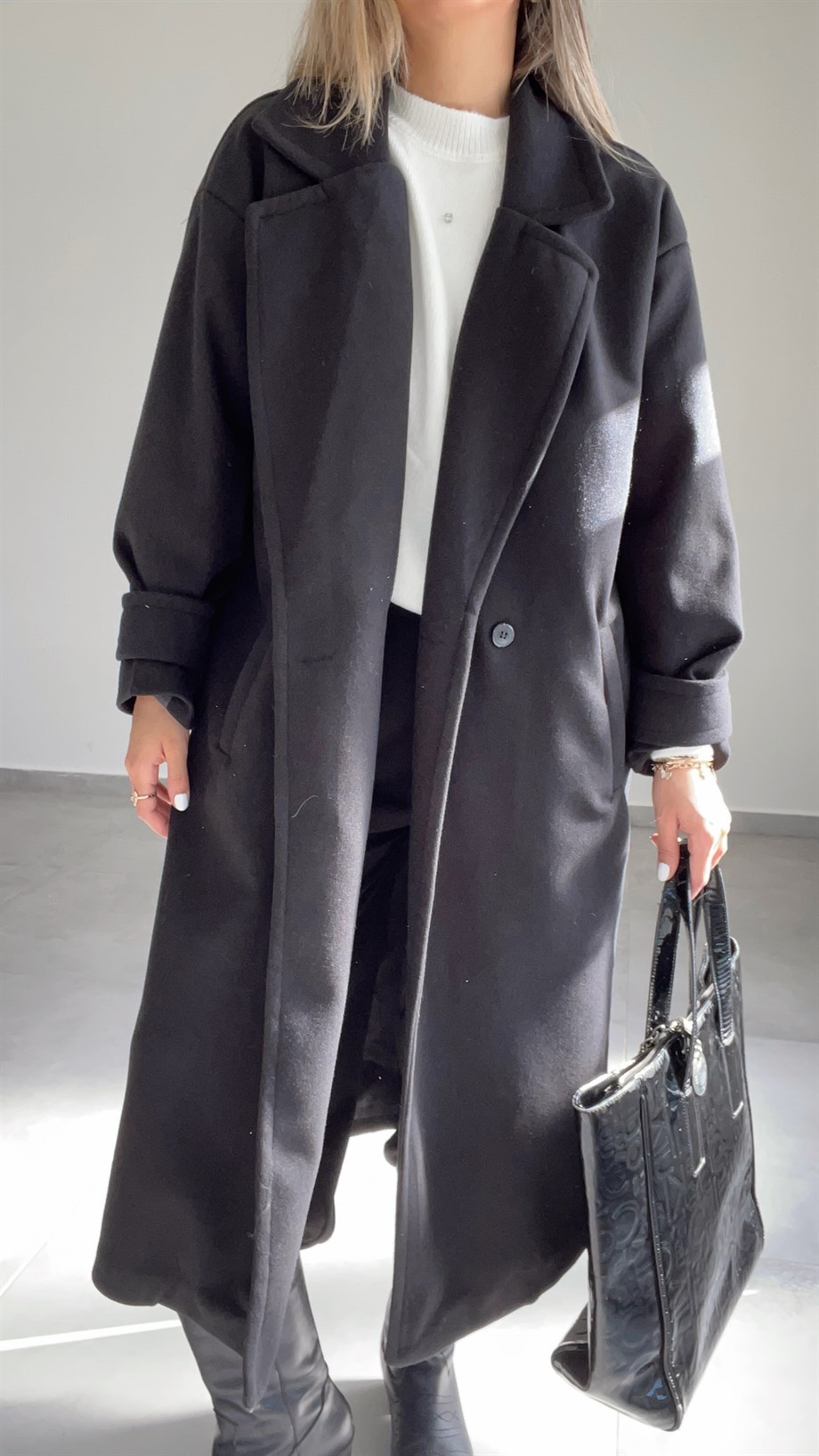 Siyah Oversize Kruvaze Kaban