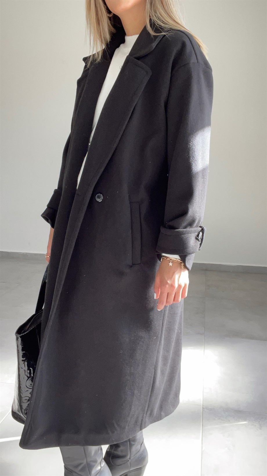 Siyah Oversize Kruvaze Kaban