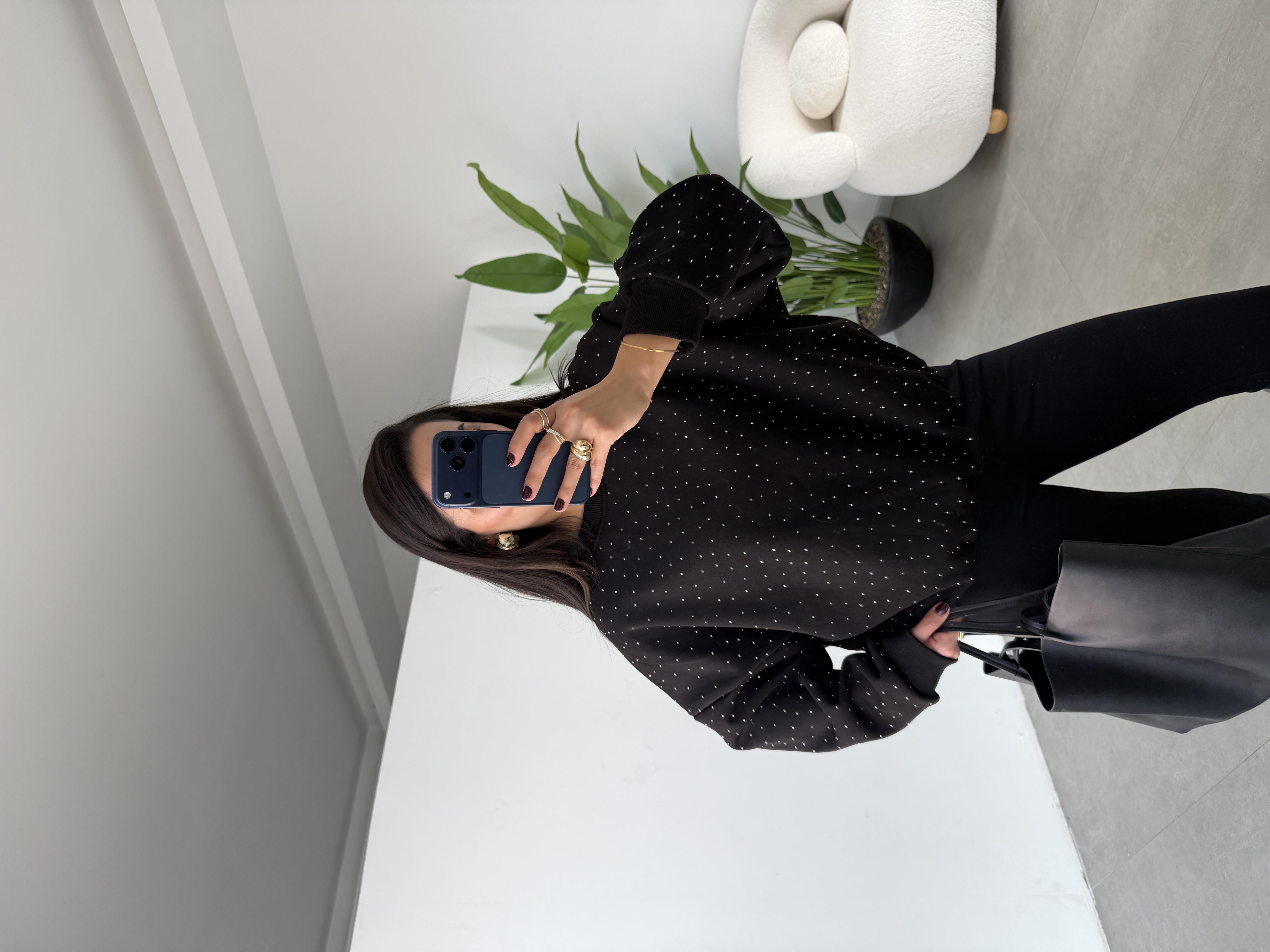 Siyah Oversize Taşlı Sweatshirt