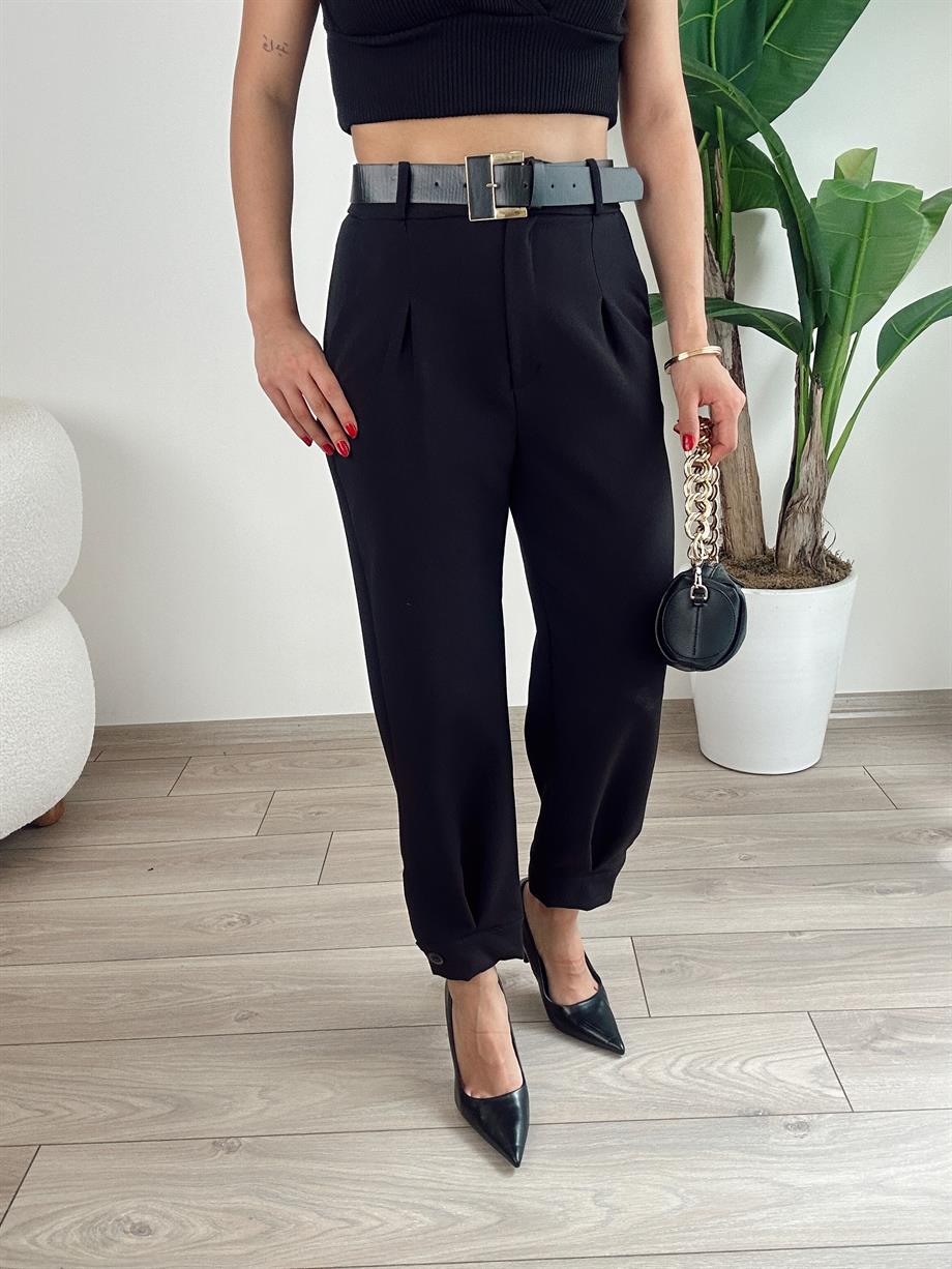 Siyah Paça Bantlı Kemerli Pantolon