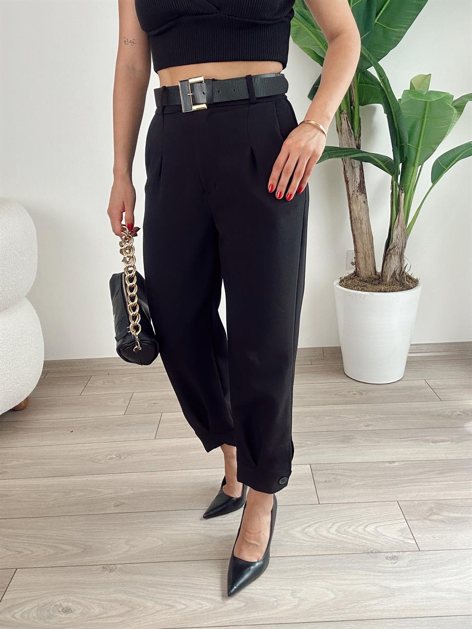 Siyah Paça Bantlı Kemerli Pantolon