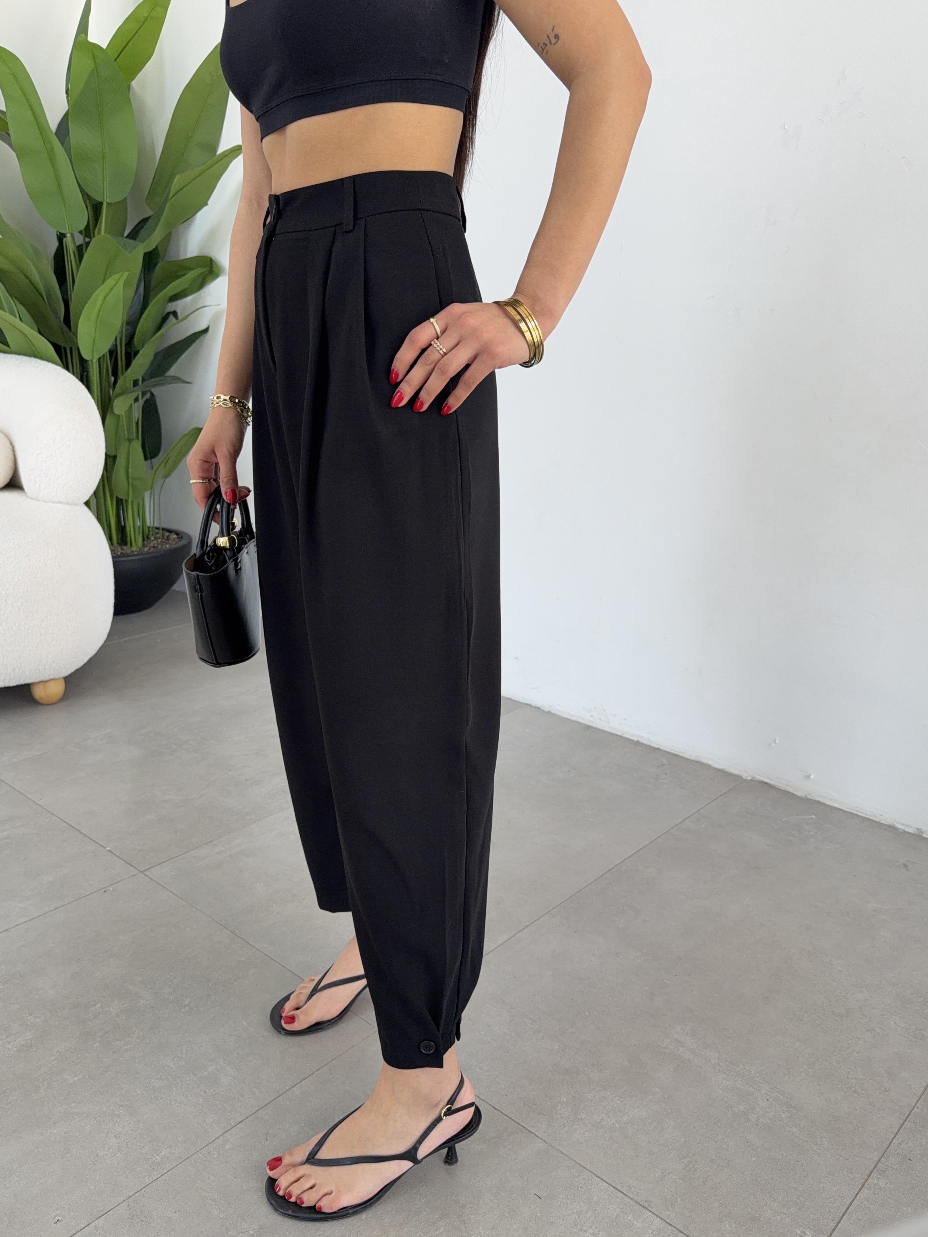 Siyah Paça Düğmeli Beli Düğmeli Pantolon