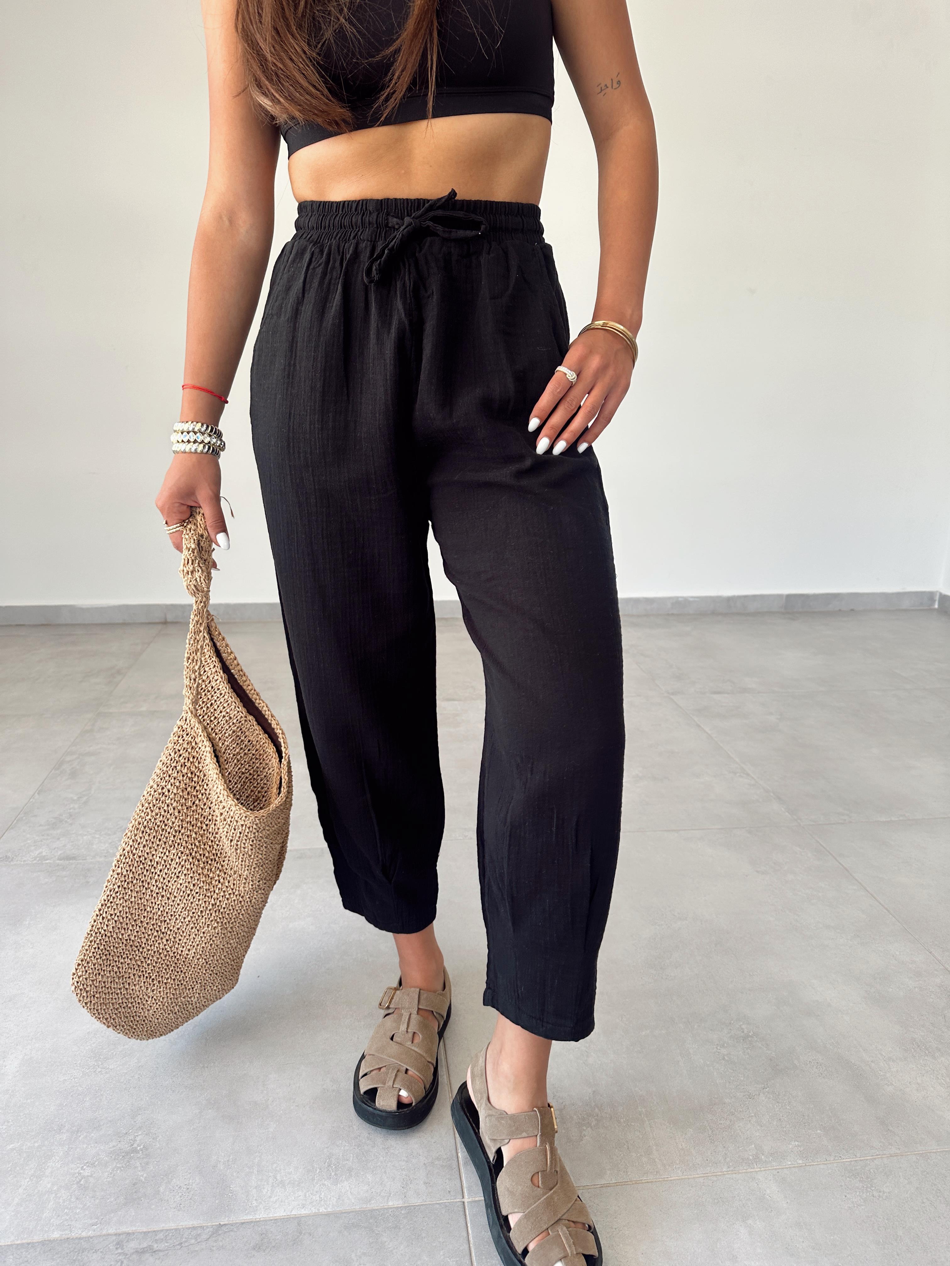 Siyah Paça Pilili Keten Pantolon