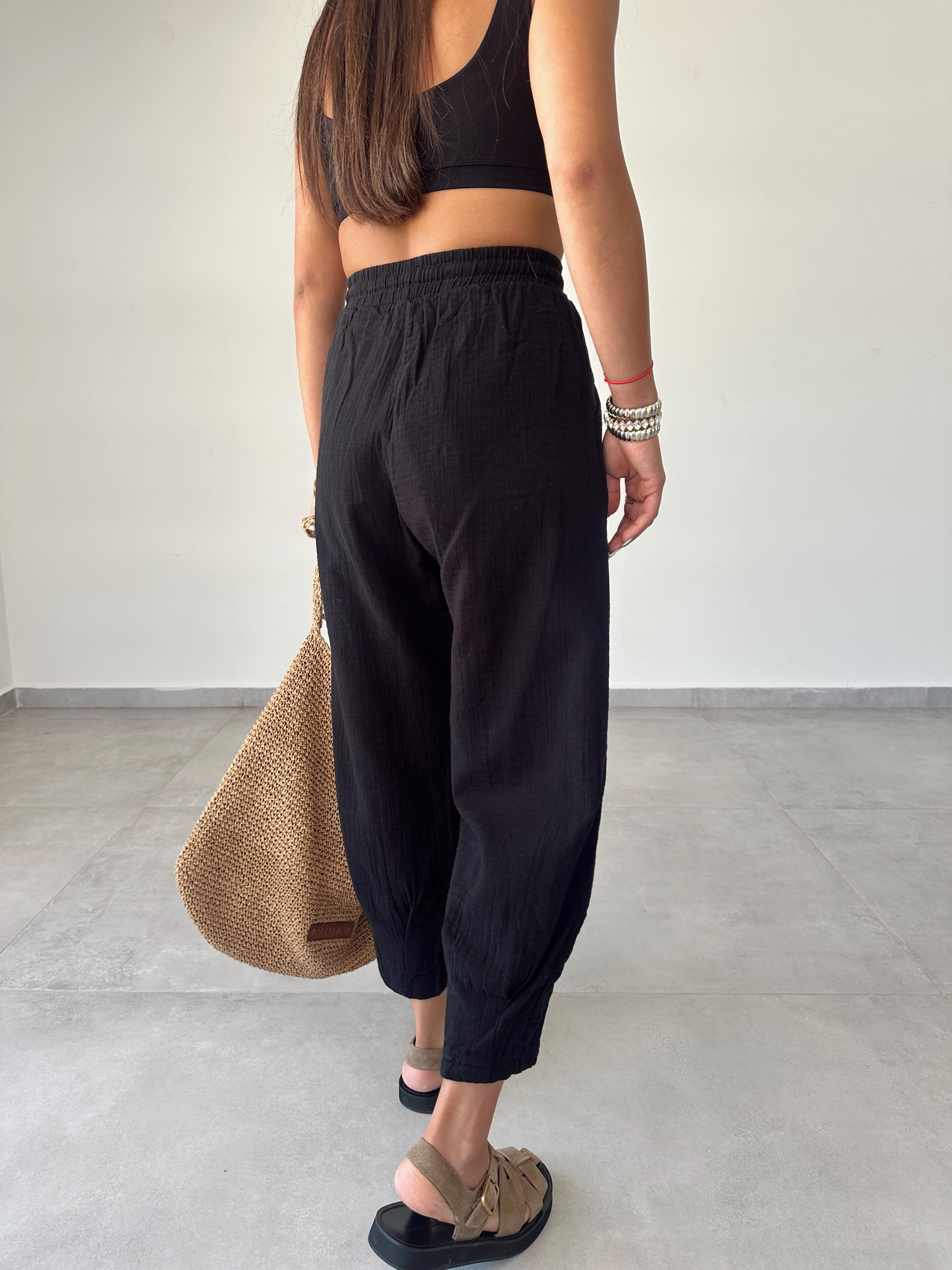 Siyah Paça Pilili Keten Pantolon