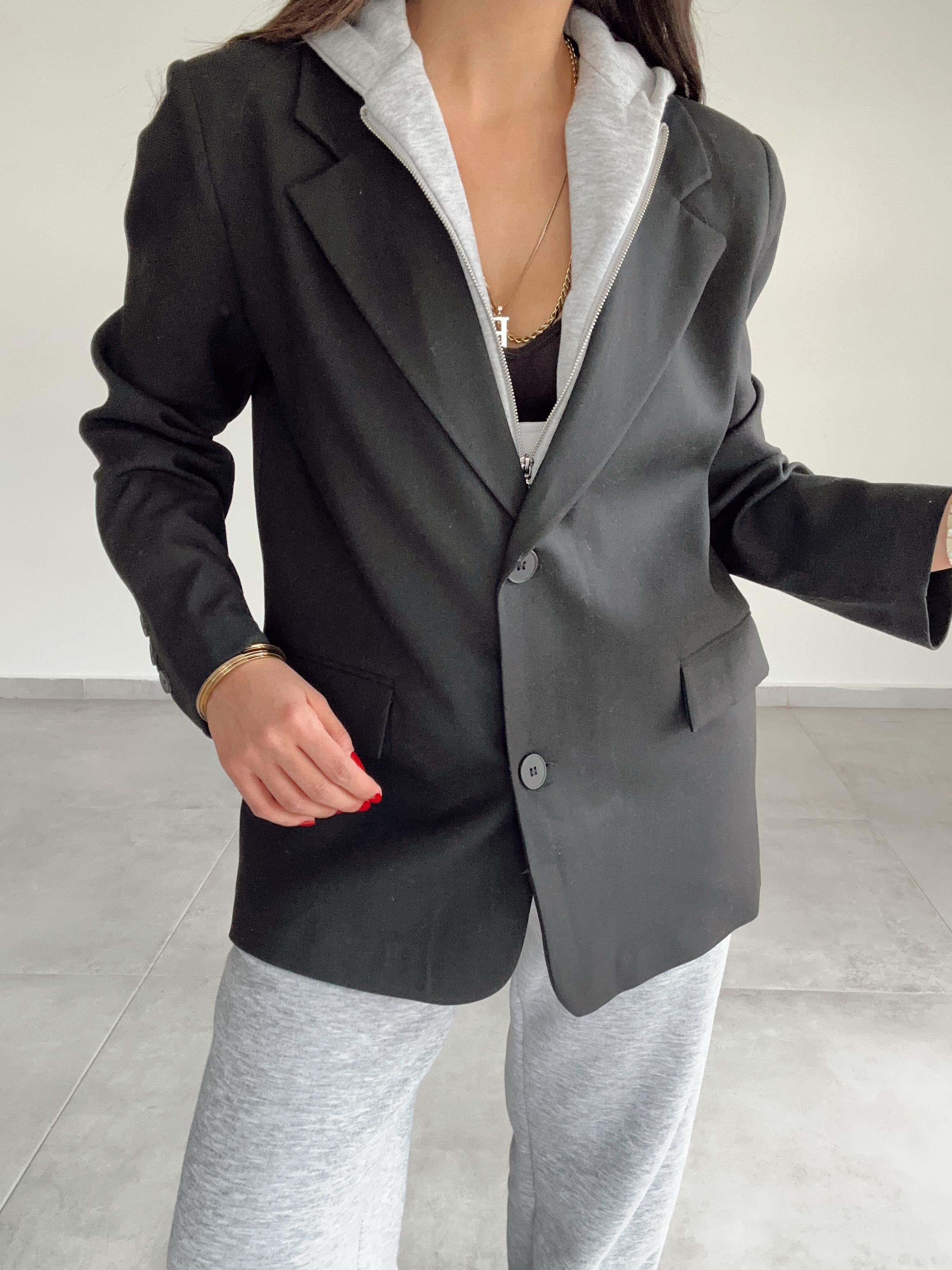 Siyah Poliviskon Kapşonlu Blazer Ceket