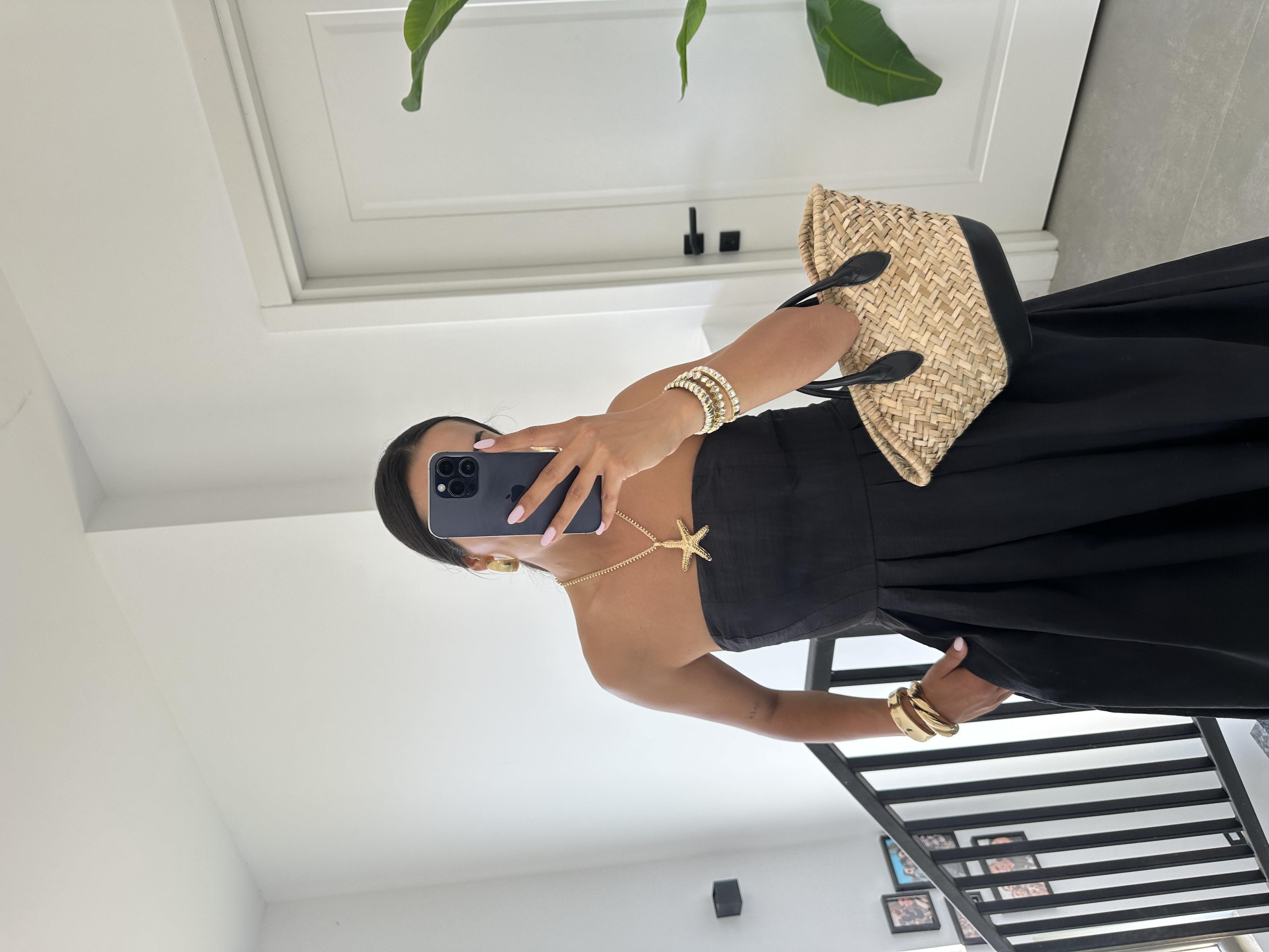 Siyah Poplin Kumaş Straplez Elbise