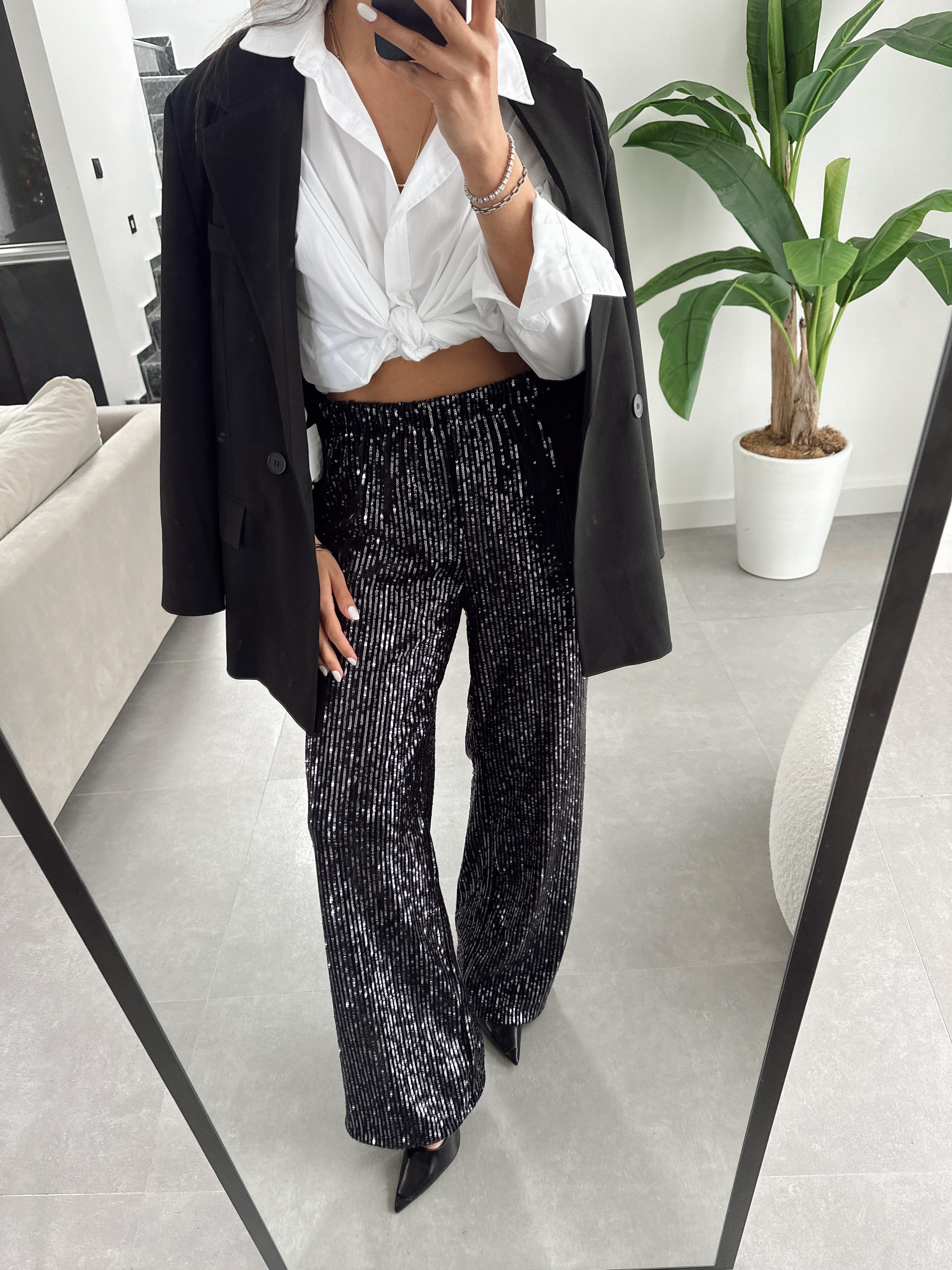 Siyah Pullu Bol Paça Pantolon