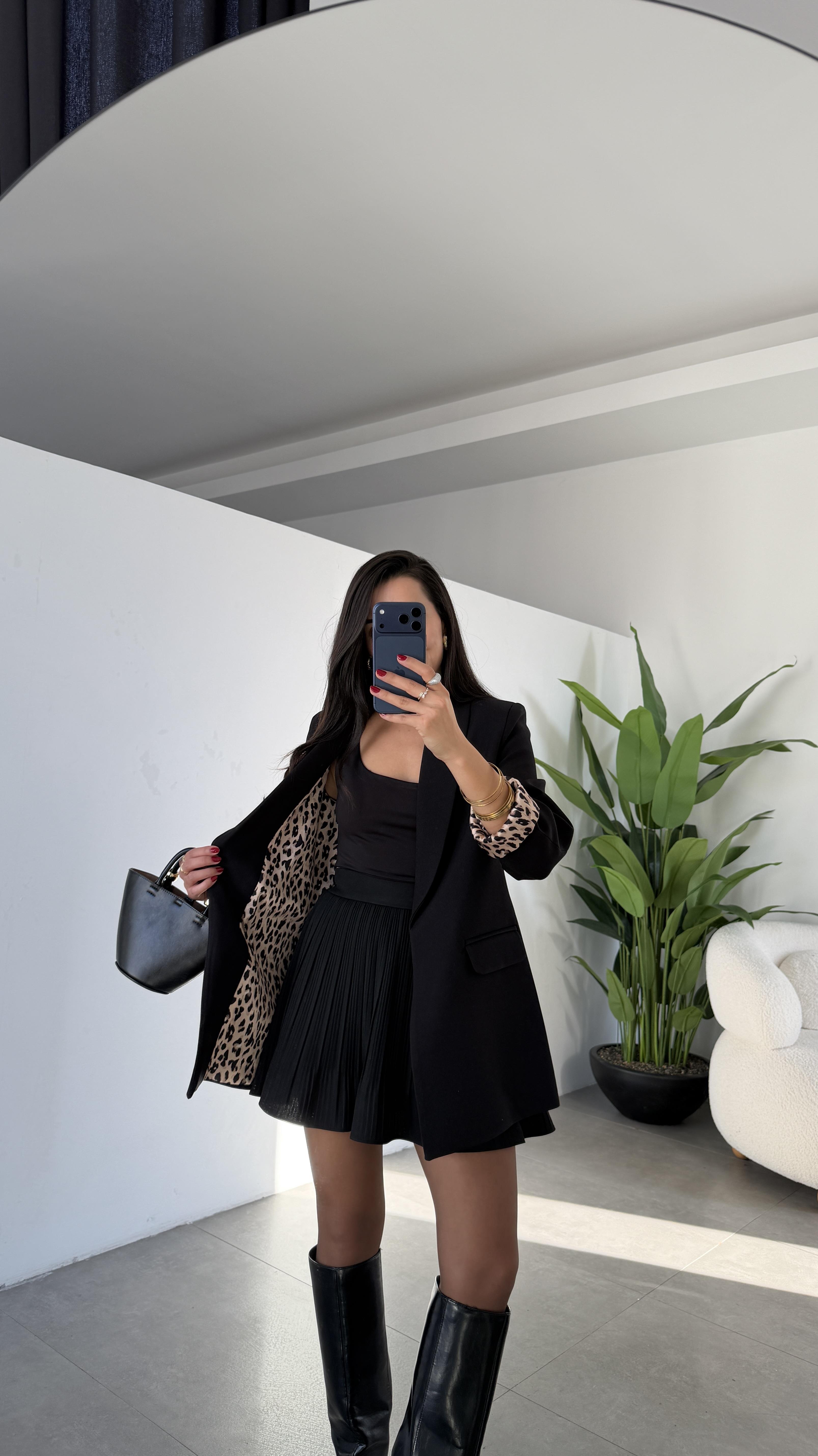 Siyah Şal Yaka Leopar Astarlı Blazer