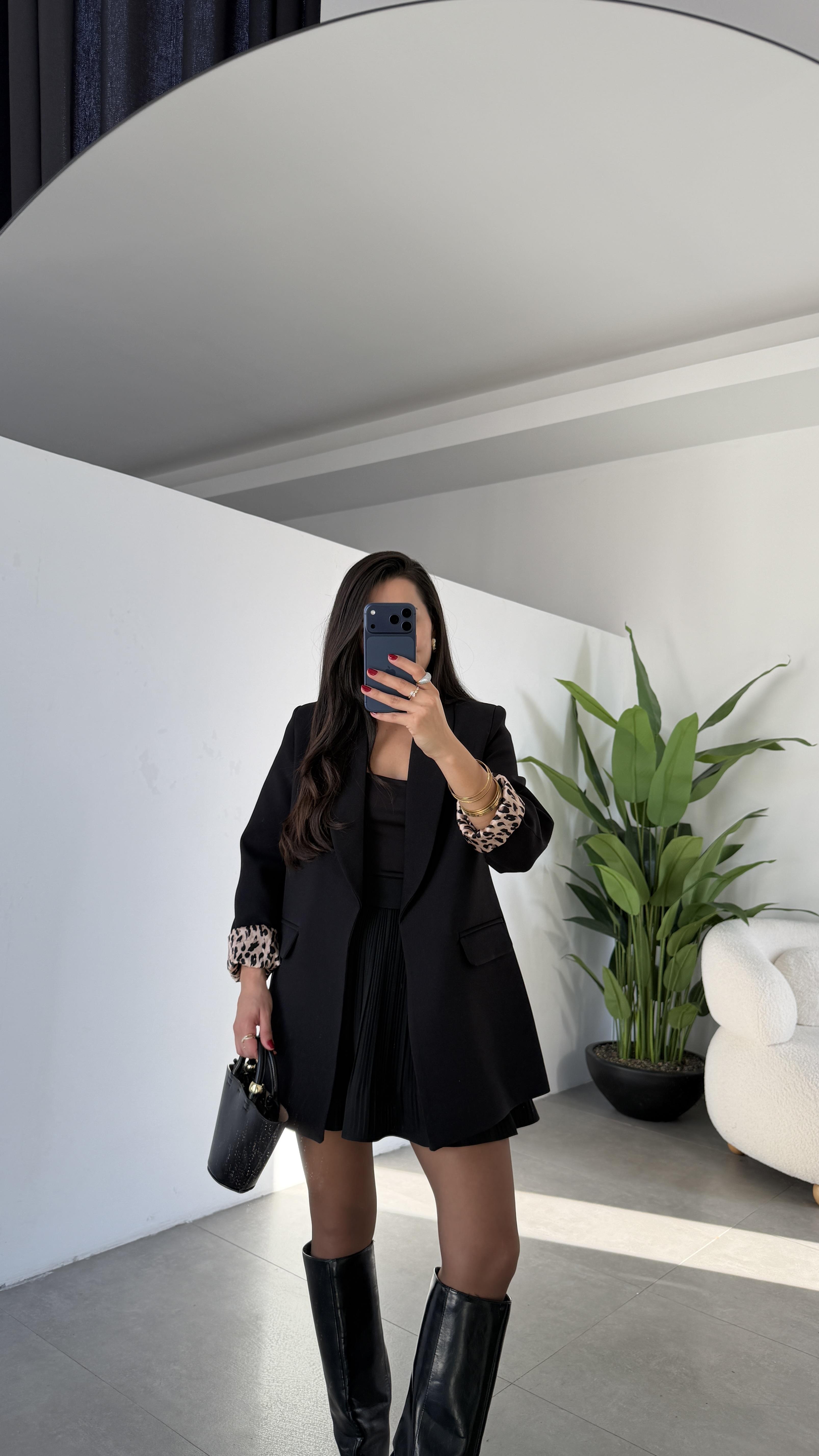 Siyah Şal Yaka Leopar Astarlı Blazer