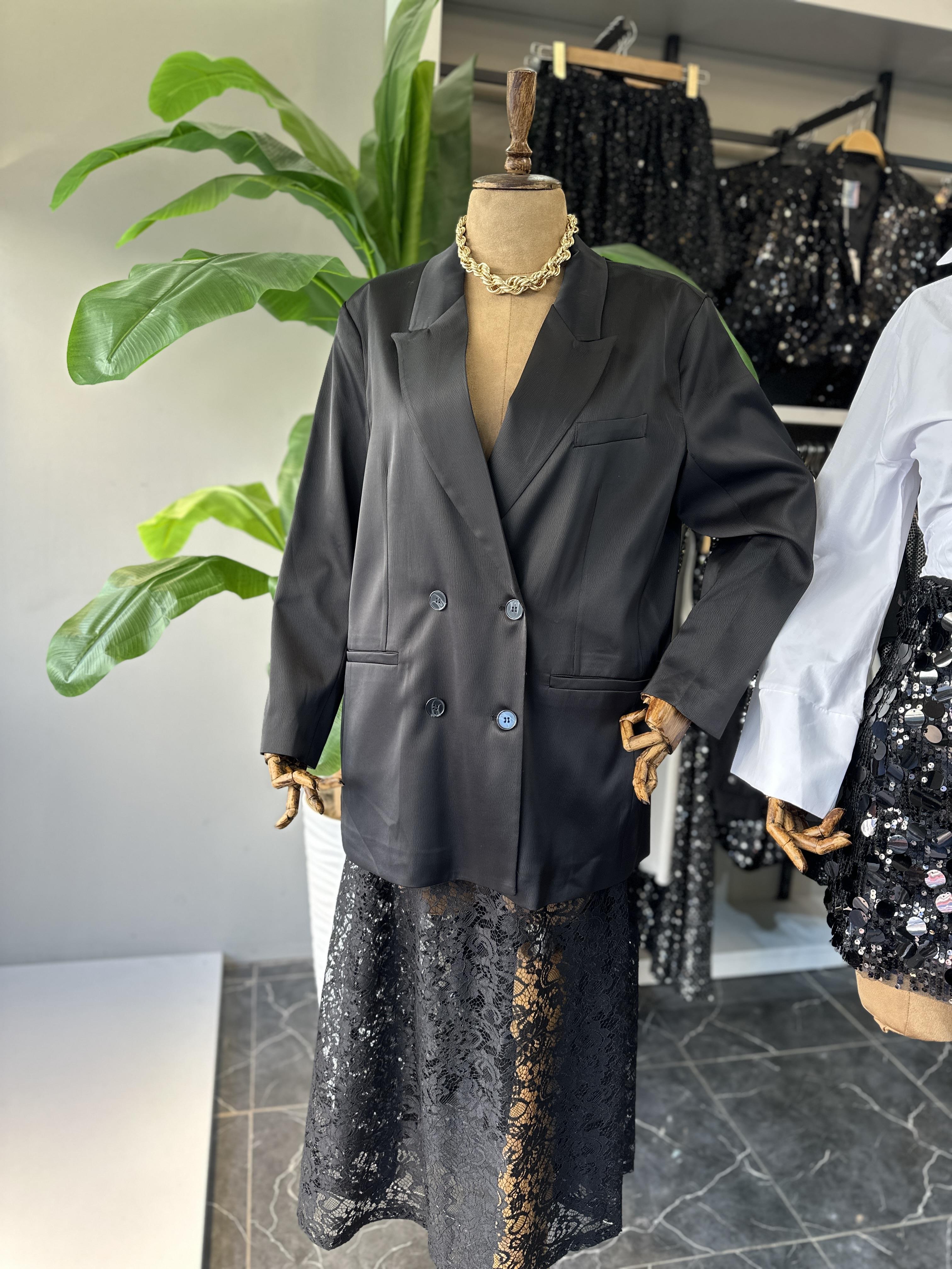 Siyah Saten Kruvaze Blazer Ceket