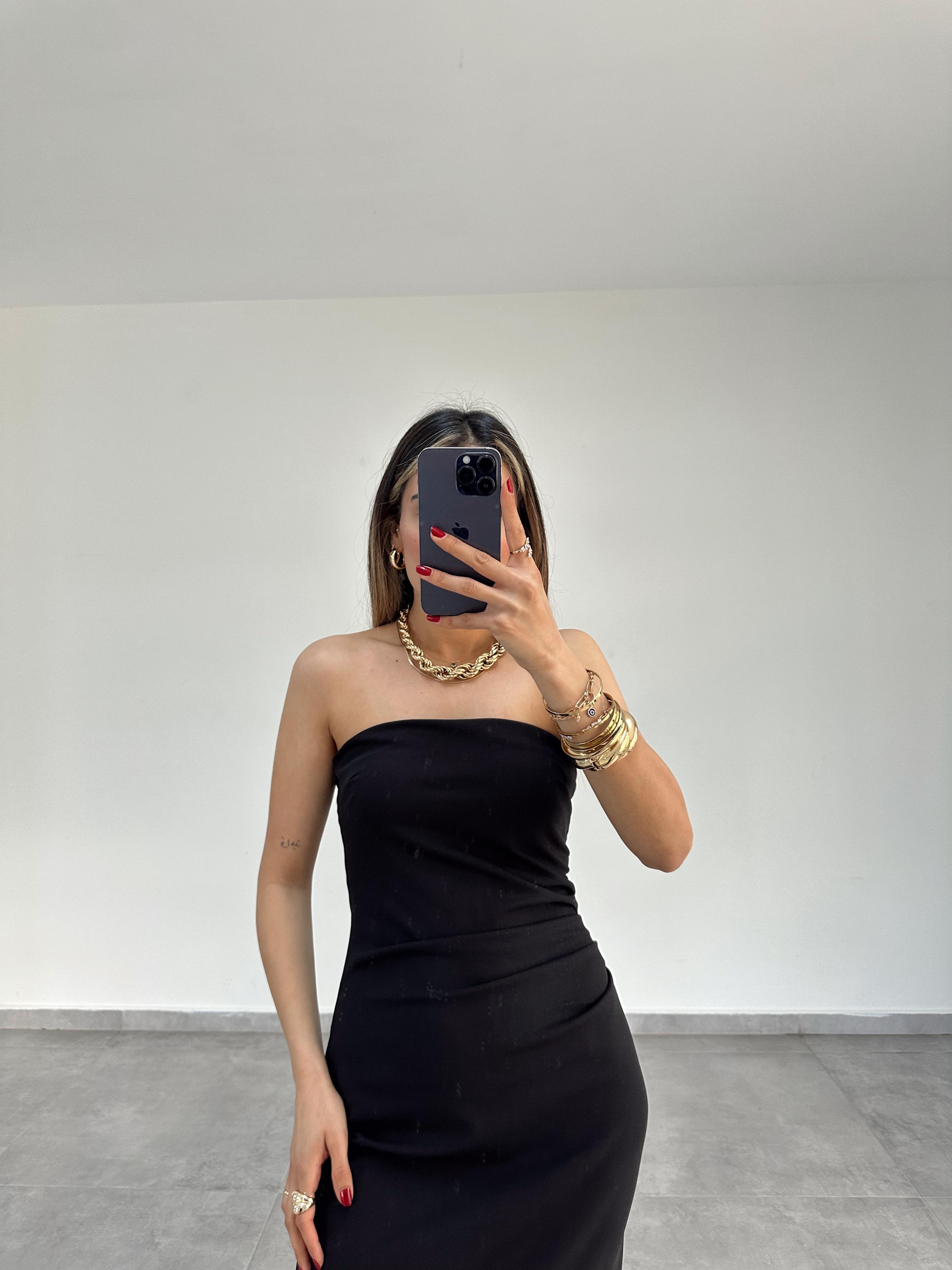 Siyah Straplez Midi Boy Elbise