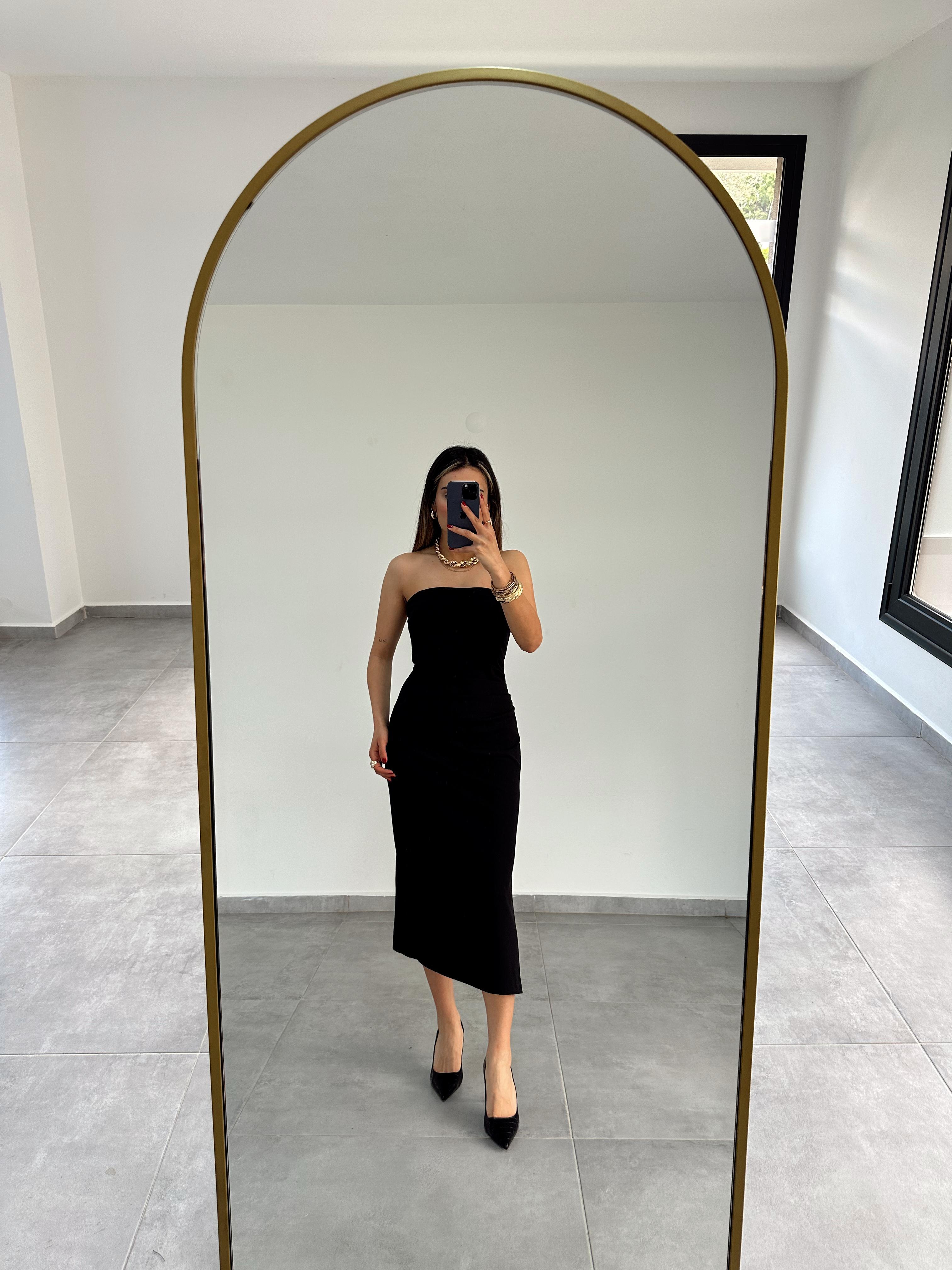 Siyah Straplez Midi Boy Elbise