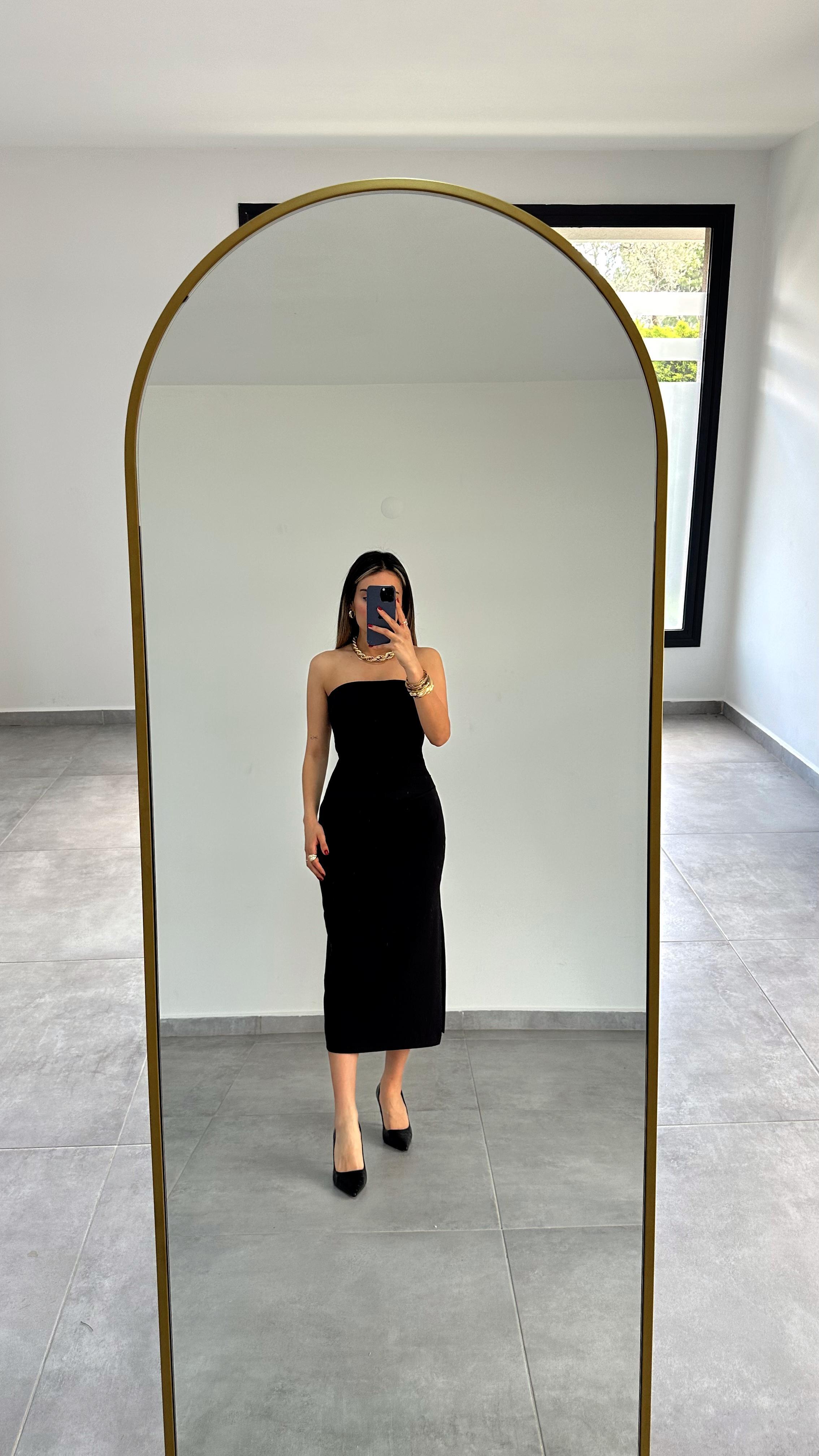 Siyah Straplez Midi Boy Elbise