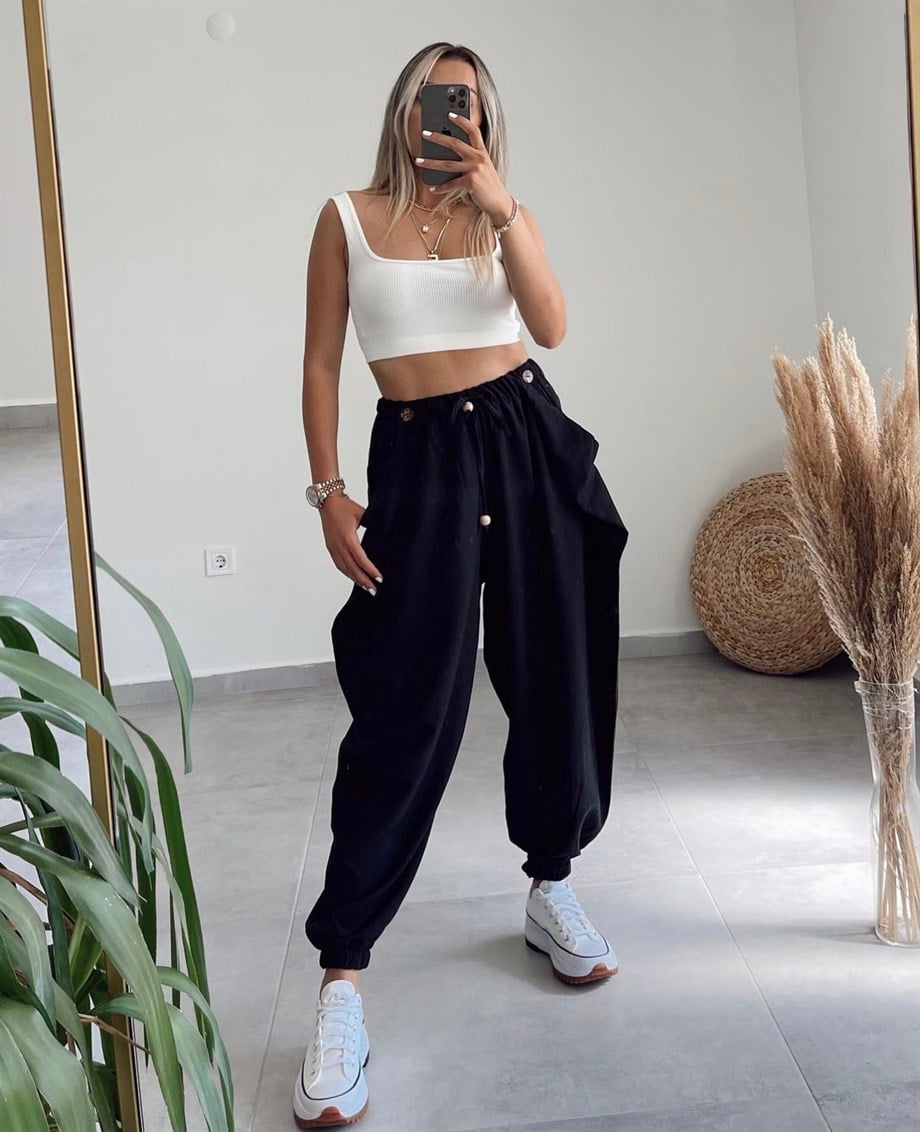 Siyah Tasarım Şalvar Pantolon