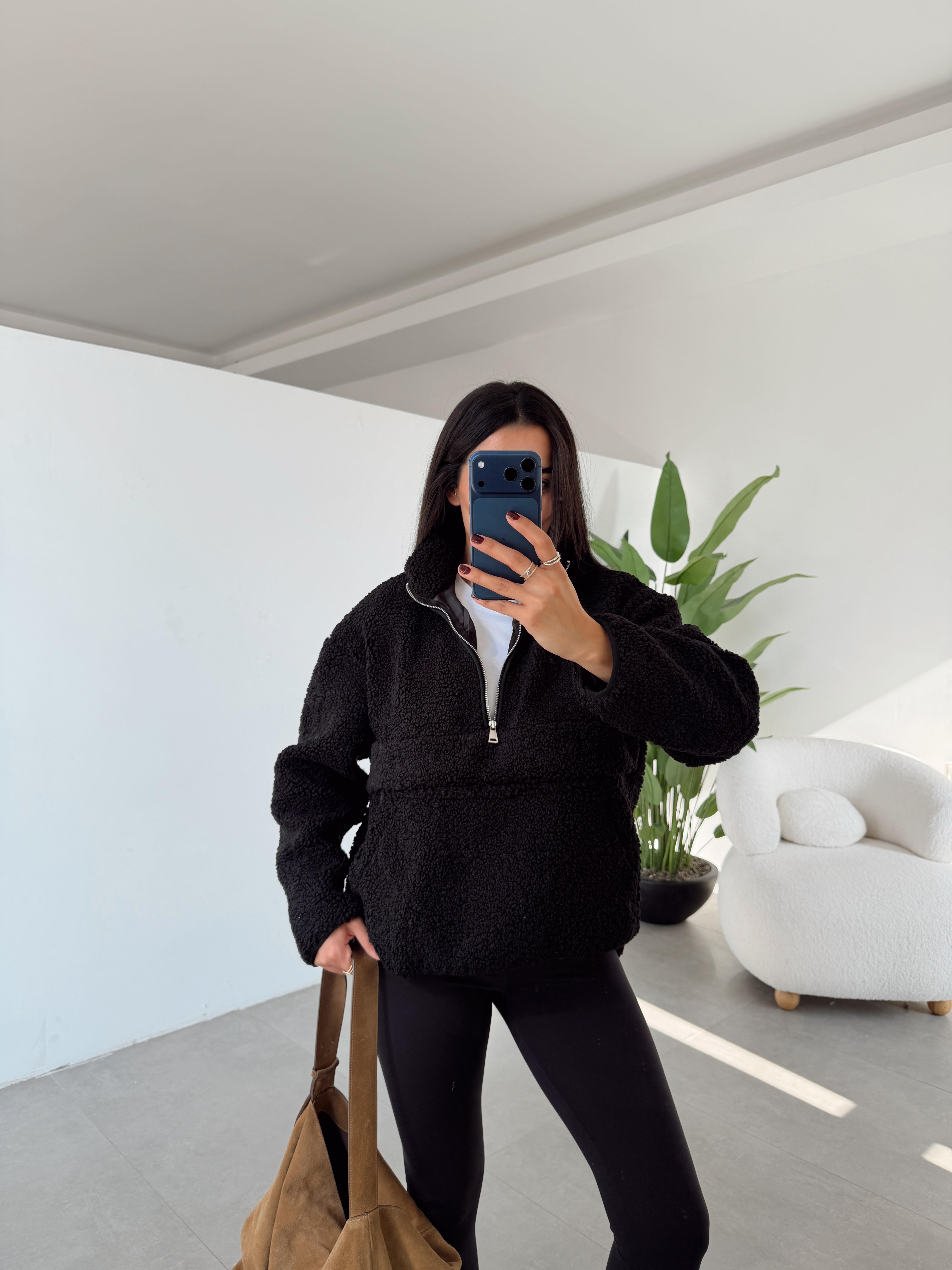 Siyah Teddy Fermuarlı Sweatshirt