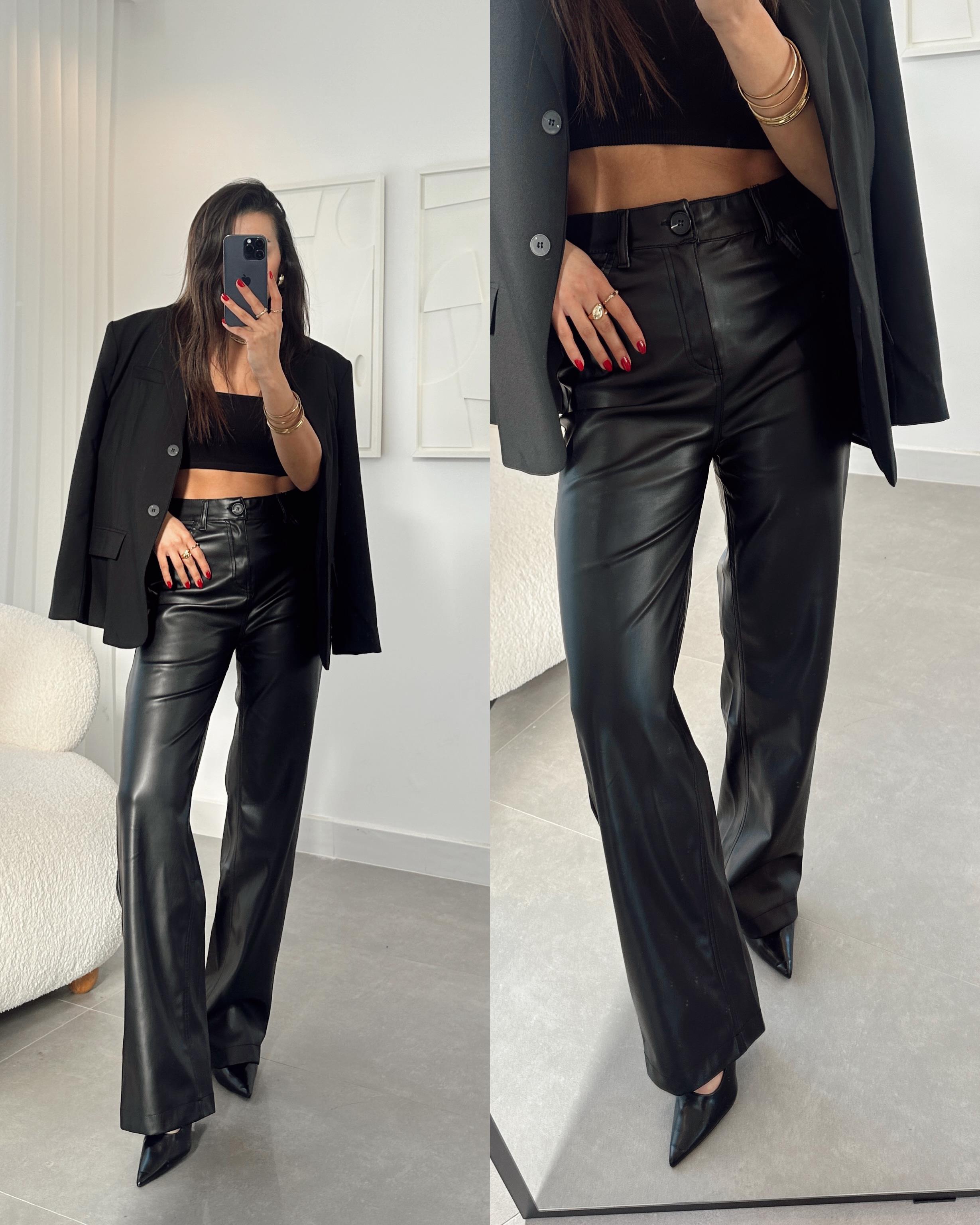 Siyah Tek Düğmeli Deri Pantolon