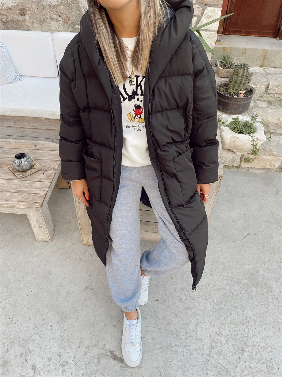 Siyah  Uzun Şişme Mont