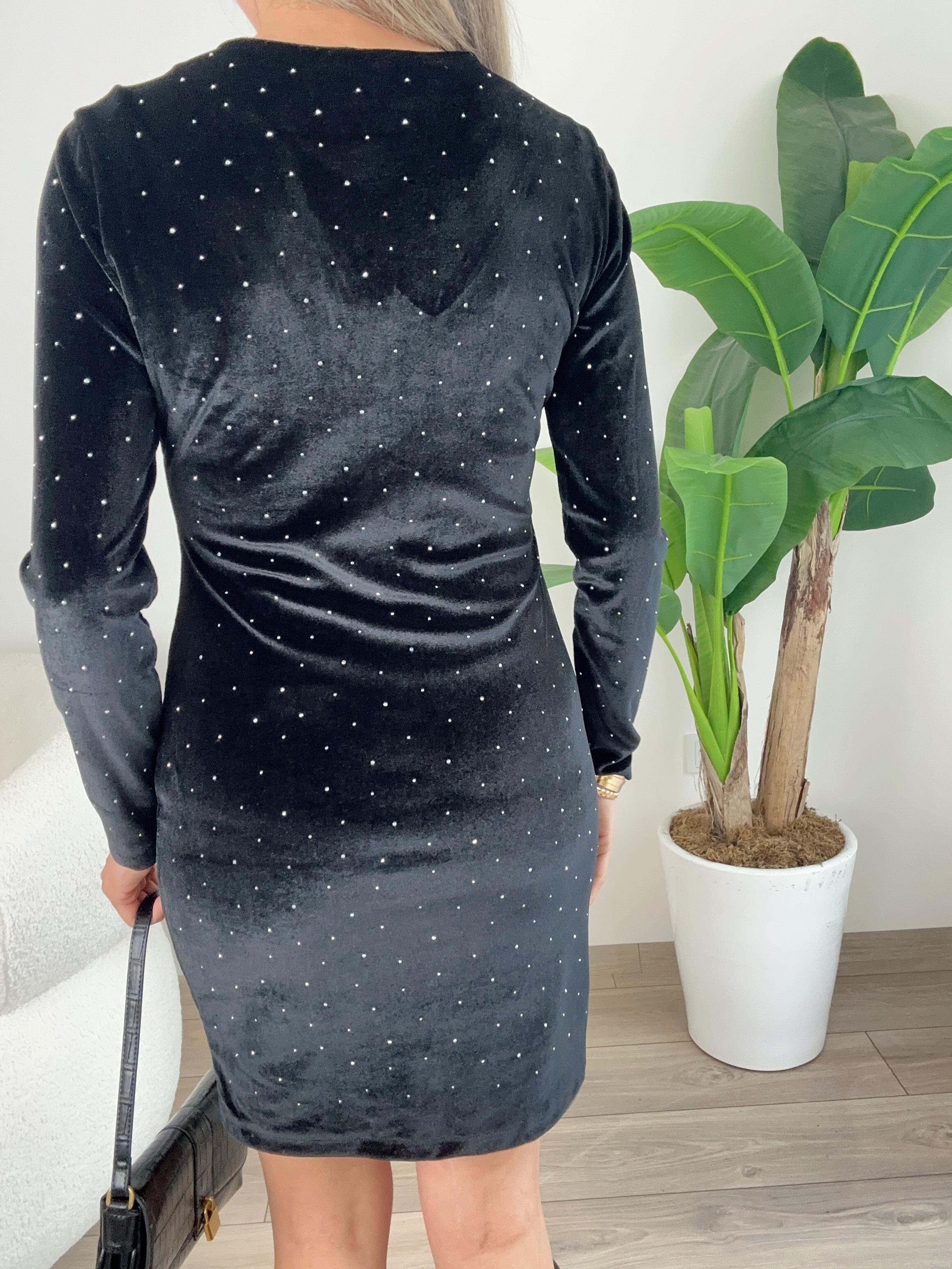 Siyah V Yaka Kadife Taşlı Elbise