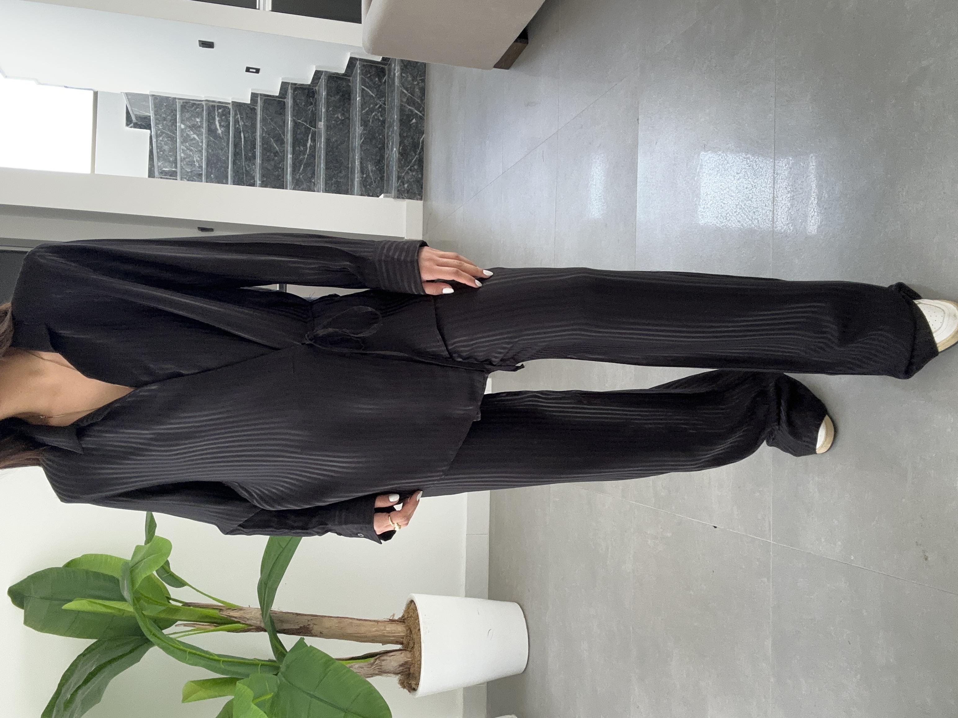 Siyah Vatkalı Çizgili Kimono Takım