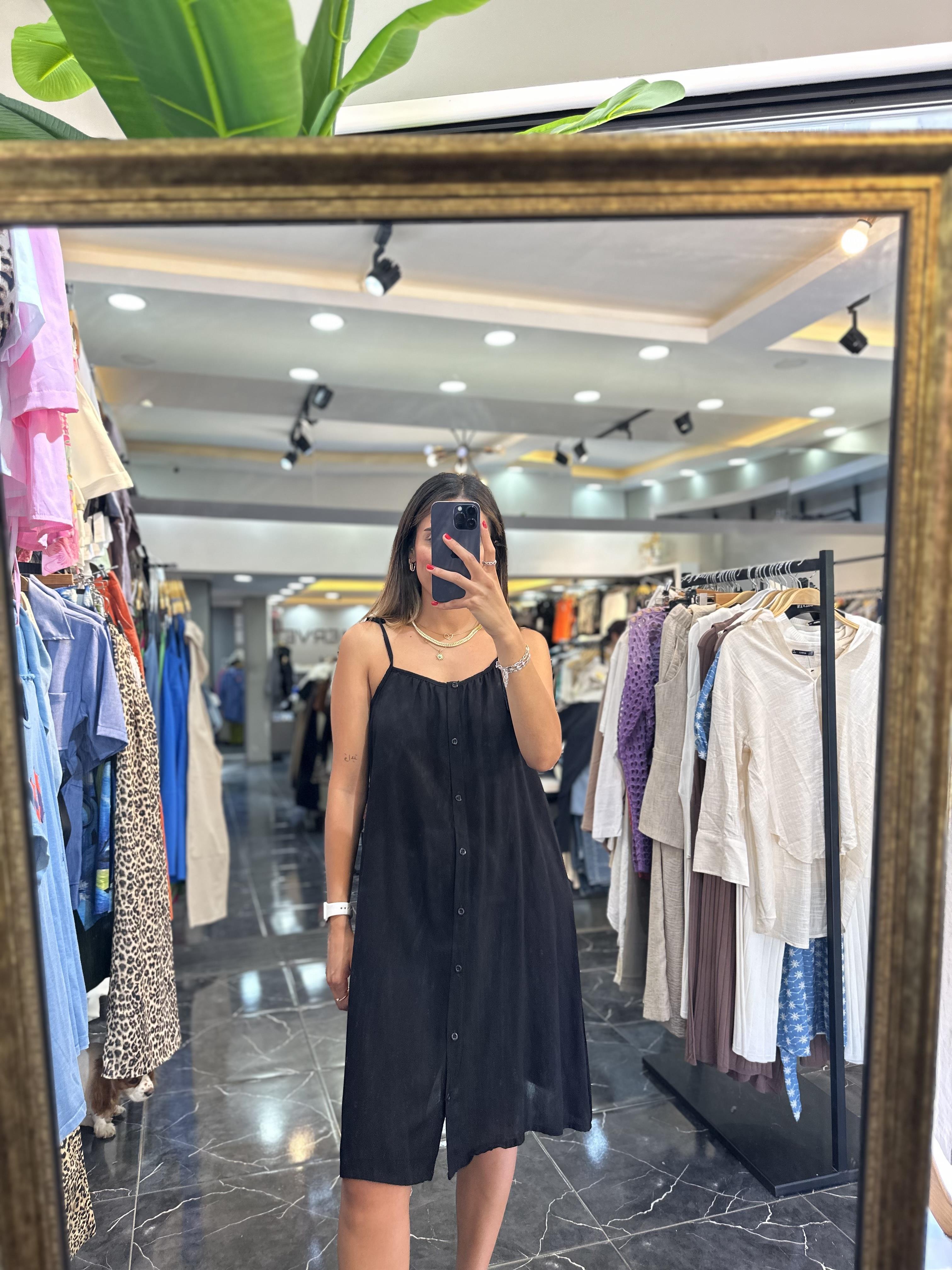 Siyah Viskon Askılı Mini Elbise