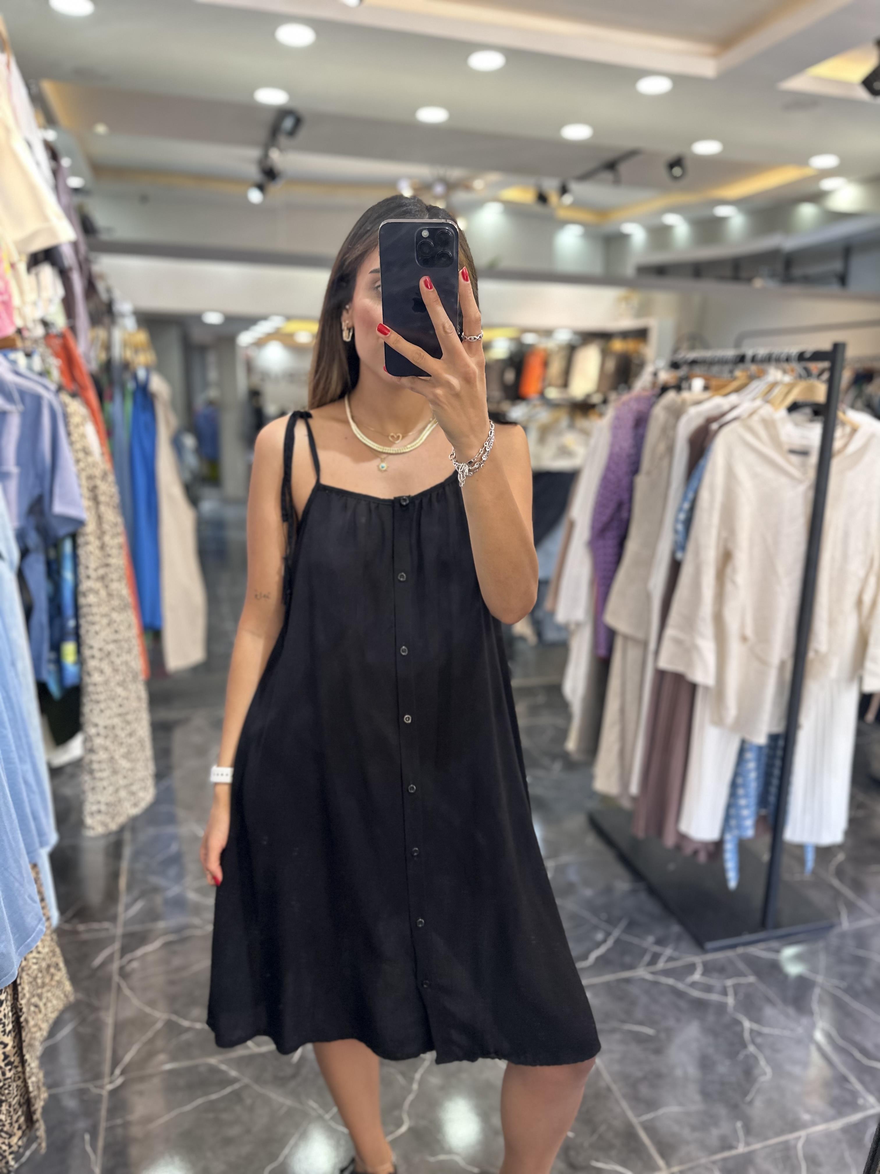 Siyah Viskon Askılı Mini Elbise