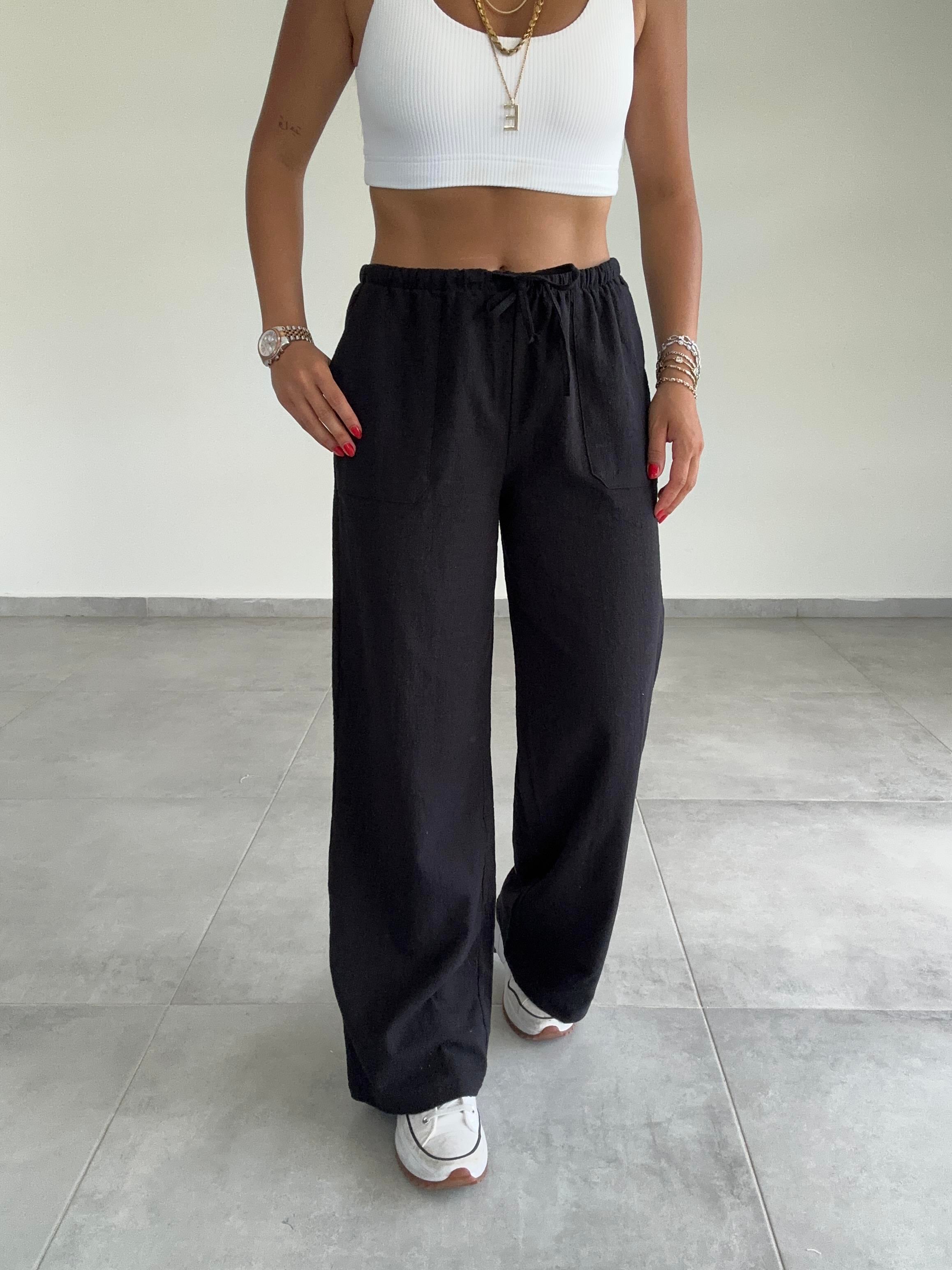 Siyah Yama Cepli Bol Paça Keten Pantolon