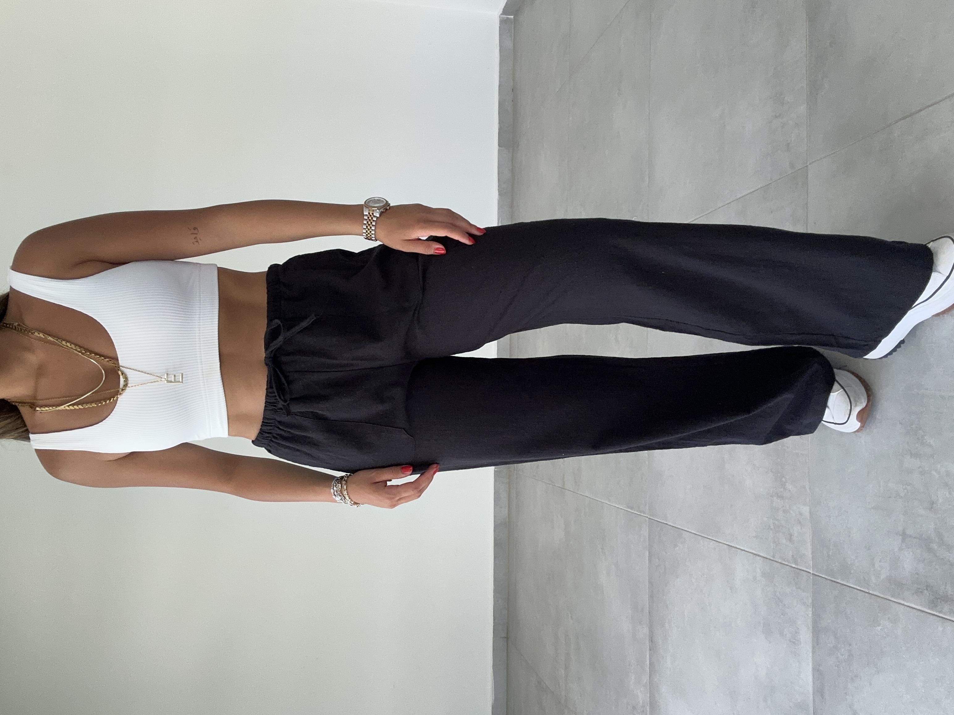 Siyah Yama Cepli Bol Paça Keten Pantolon