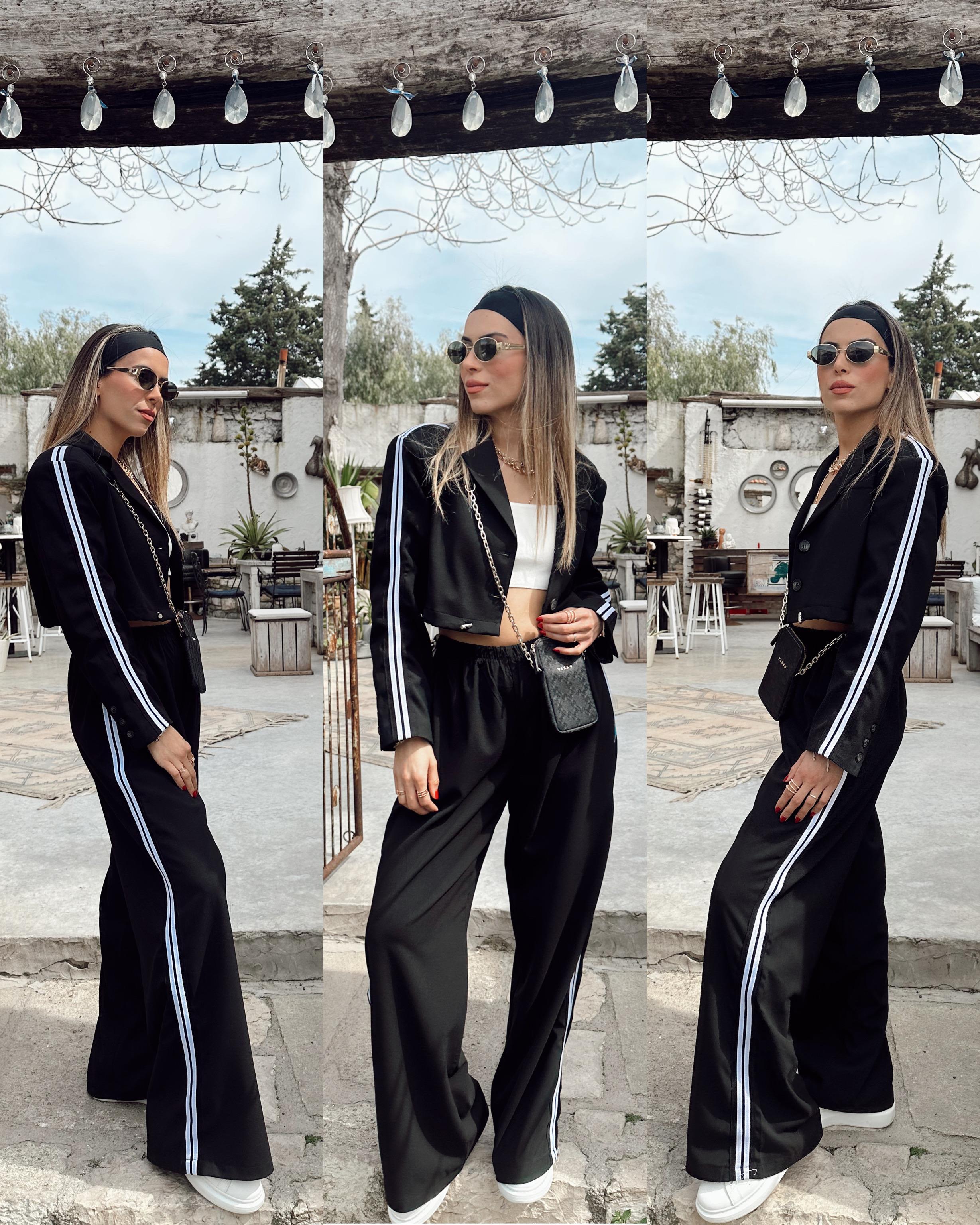 Siyah Yanları Şrit Detay Pantolon