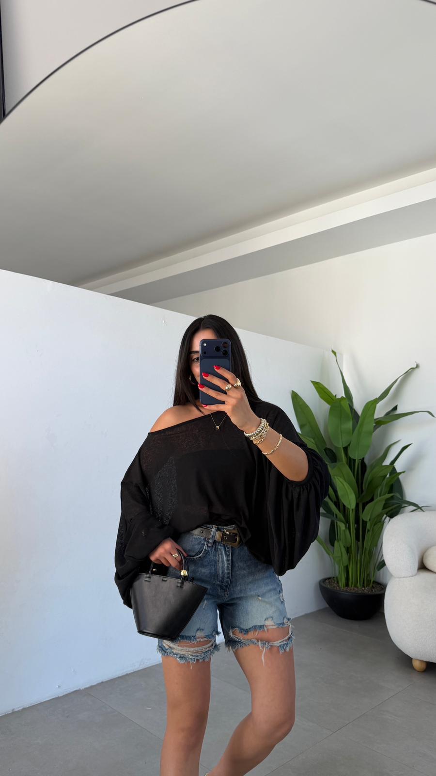 Siyah Yarasa Kol Transparan Bluz