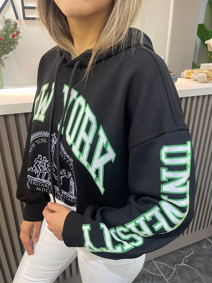 Siyah Yazılı Kapşonlu Sweat