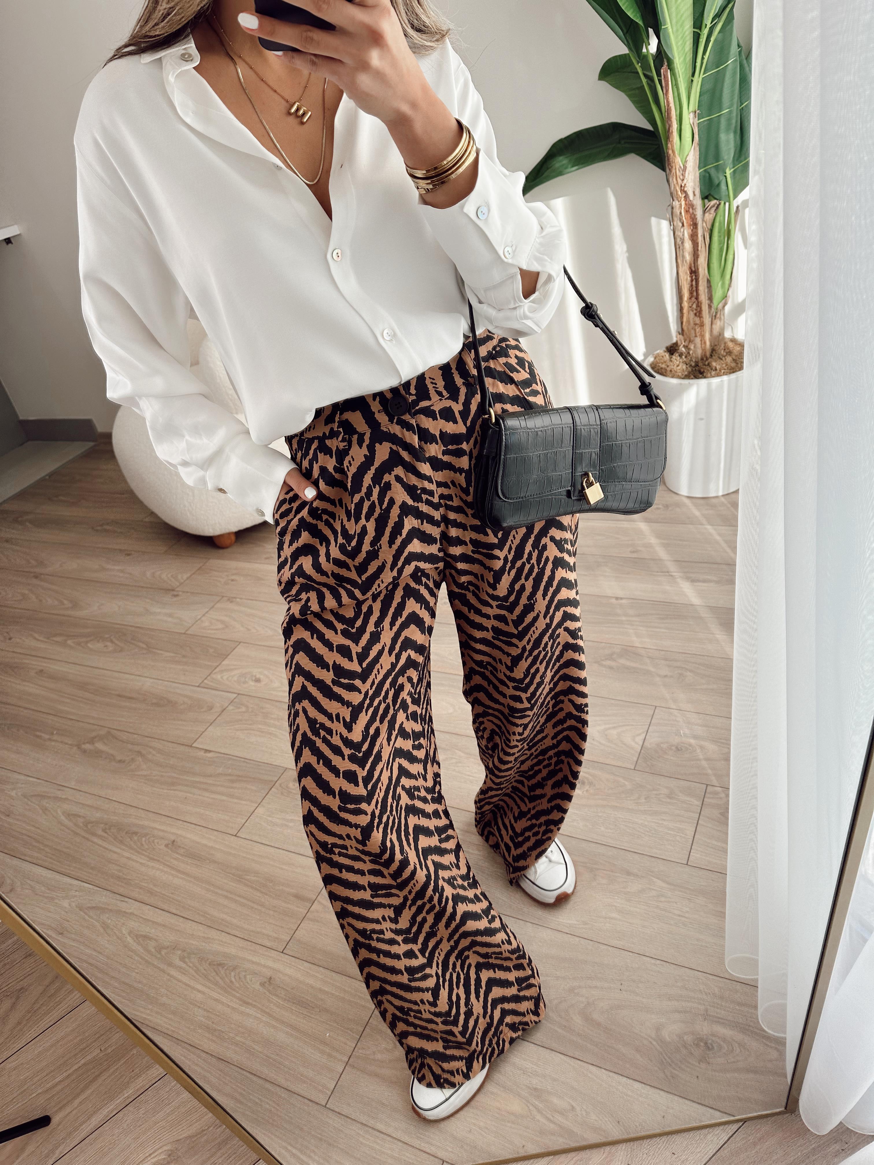 Siyah Zebra Desen Çift Pile Pantolon