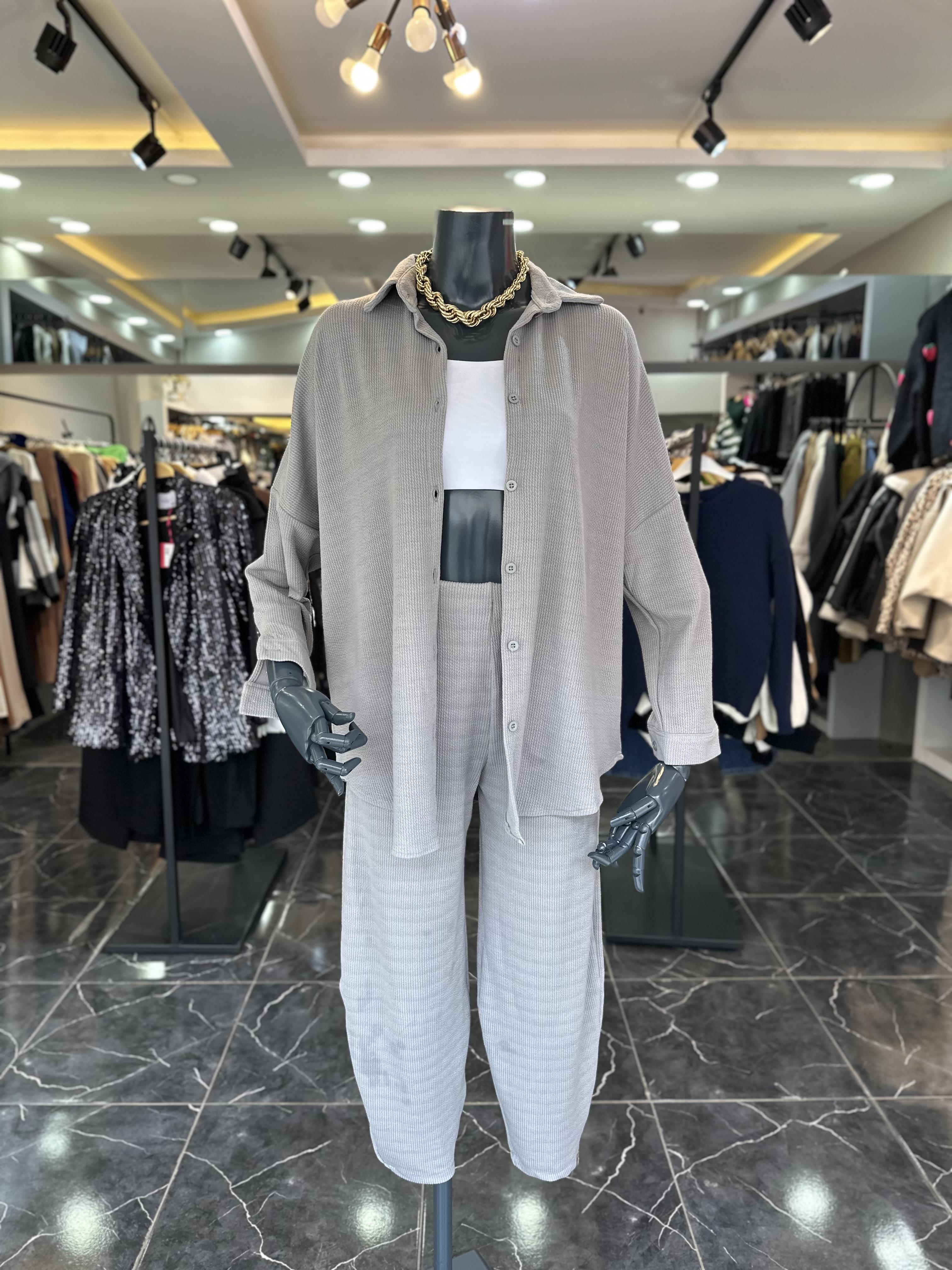 Sole Gri Esnek Kumaş Gömlek-Pantolon Takım