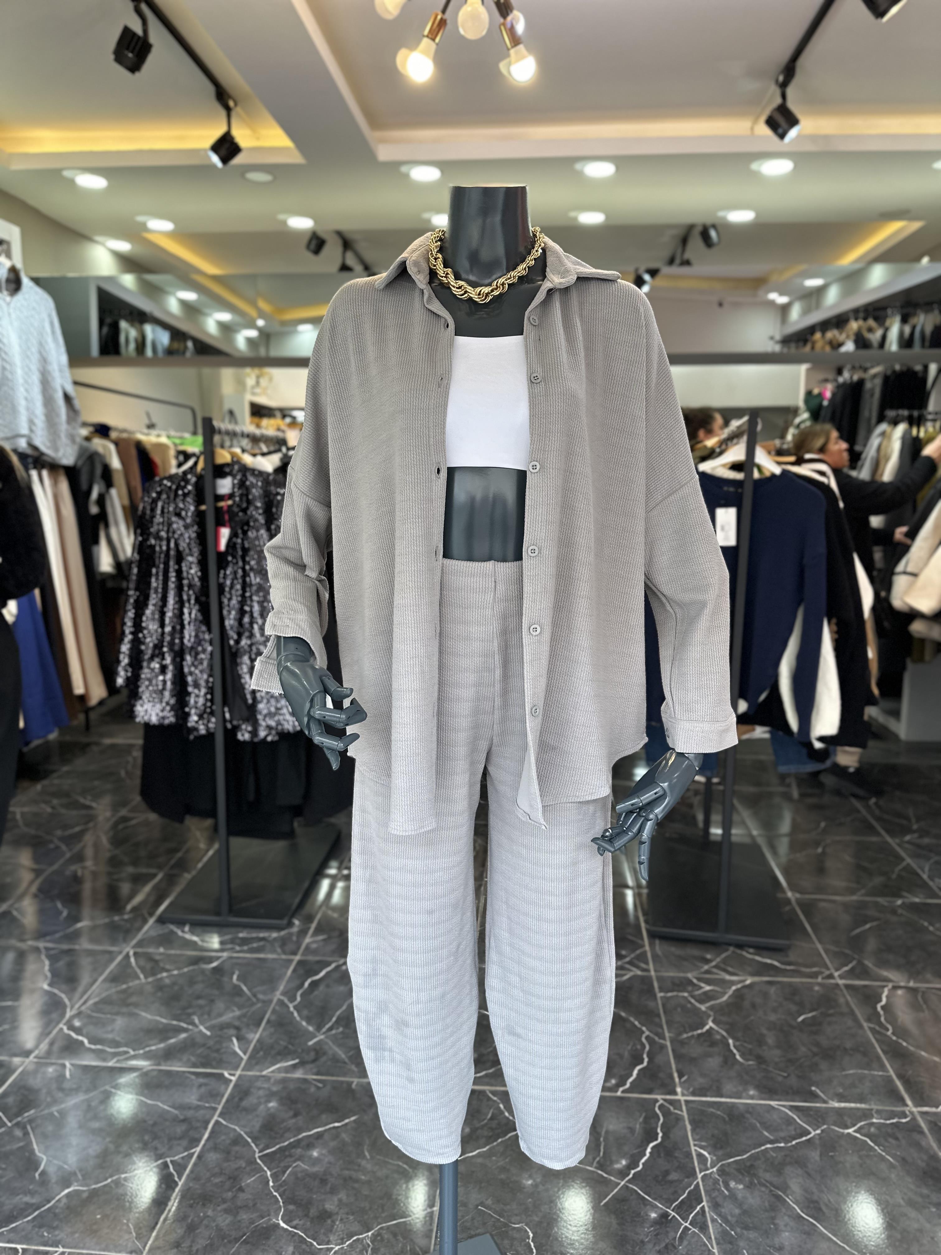 Sole Gri Esnek Kumaş Gömlek-Pantolon Takım