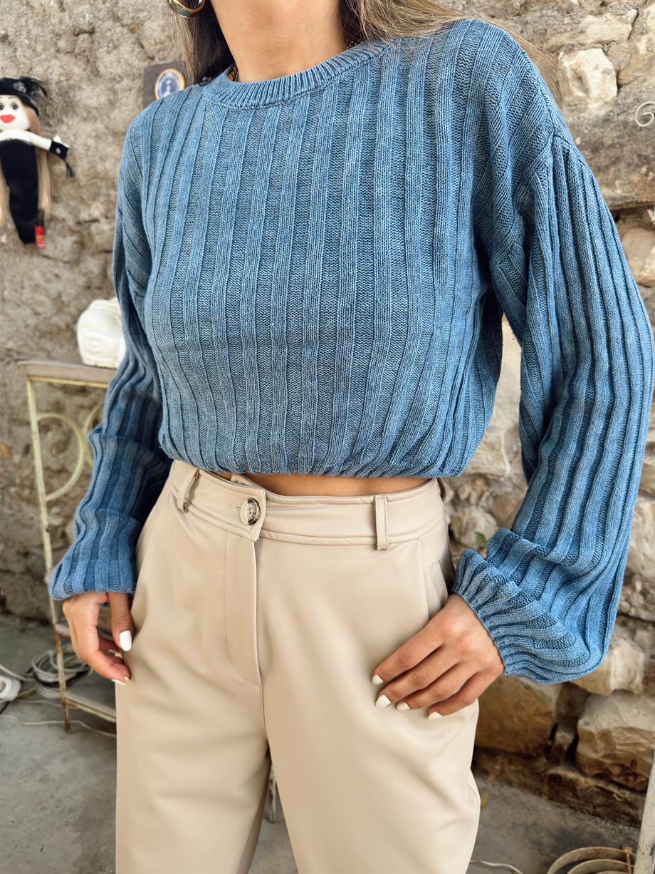 Soluk Efektli İndigo Triko Kazak