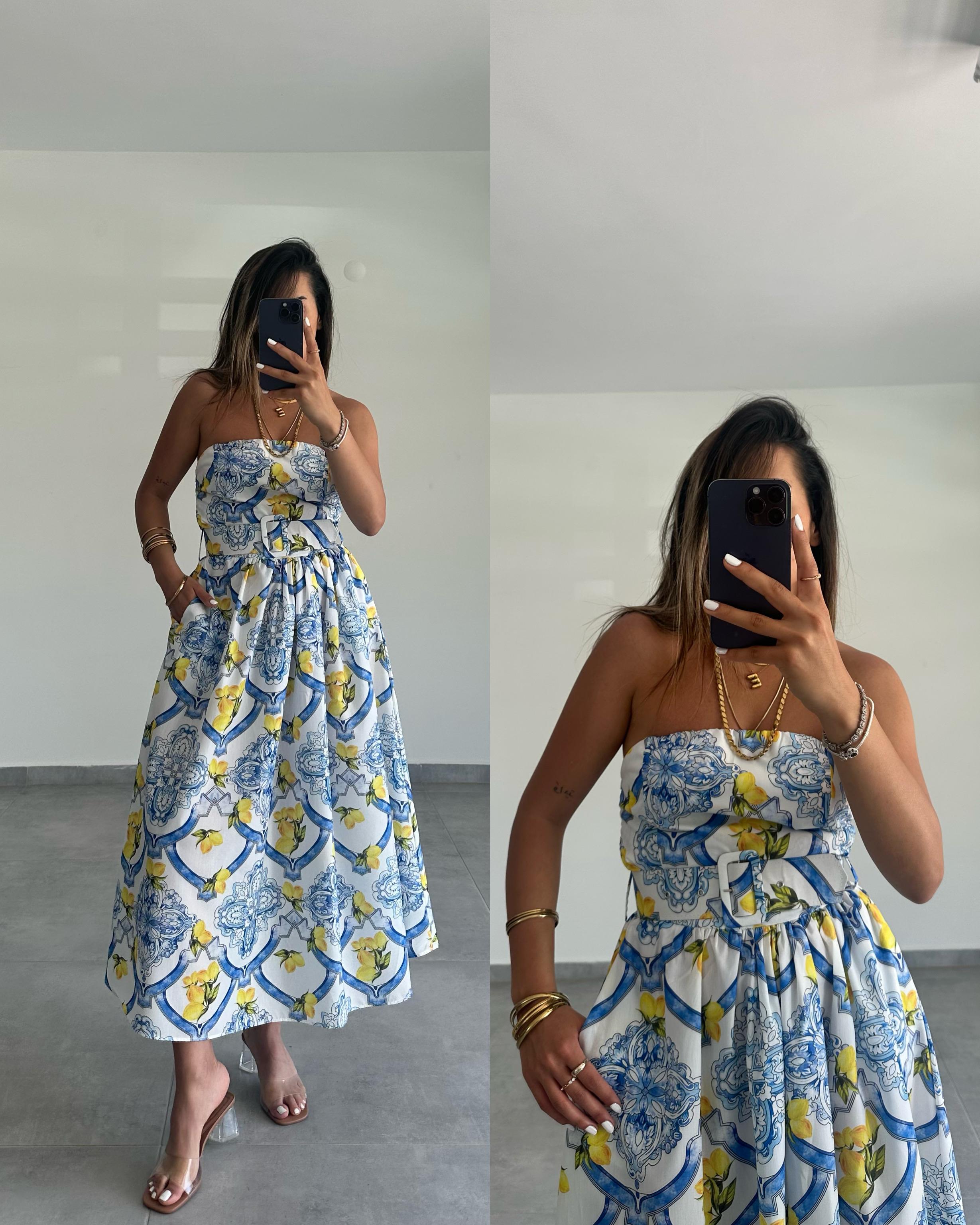 Straplez Kemerli Uzun Elbise