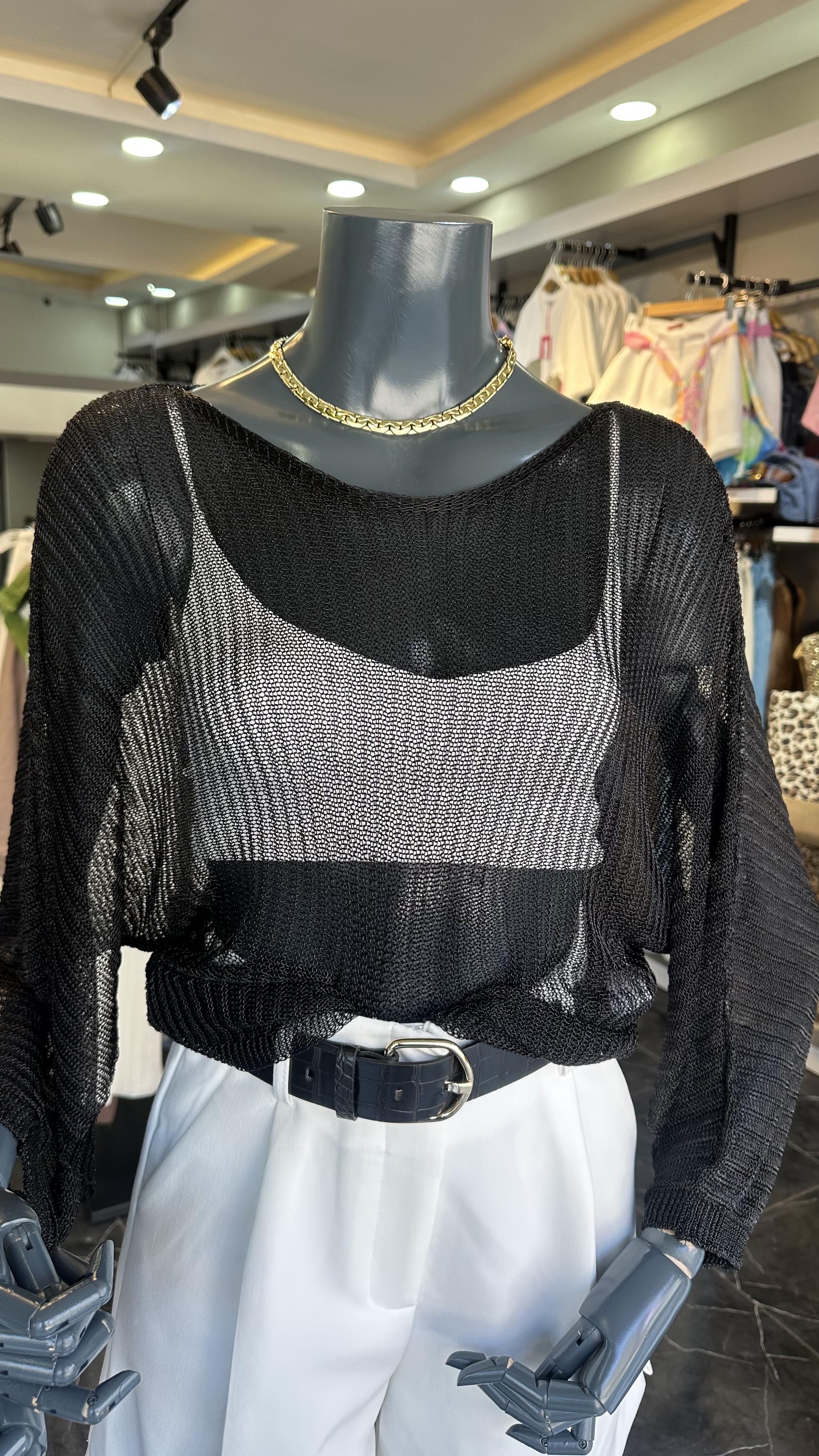 Syah Kayık Yaka Ajurlu Transparan