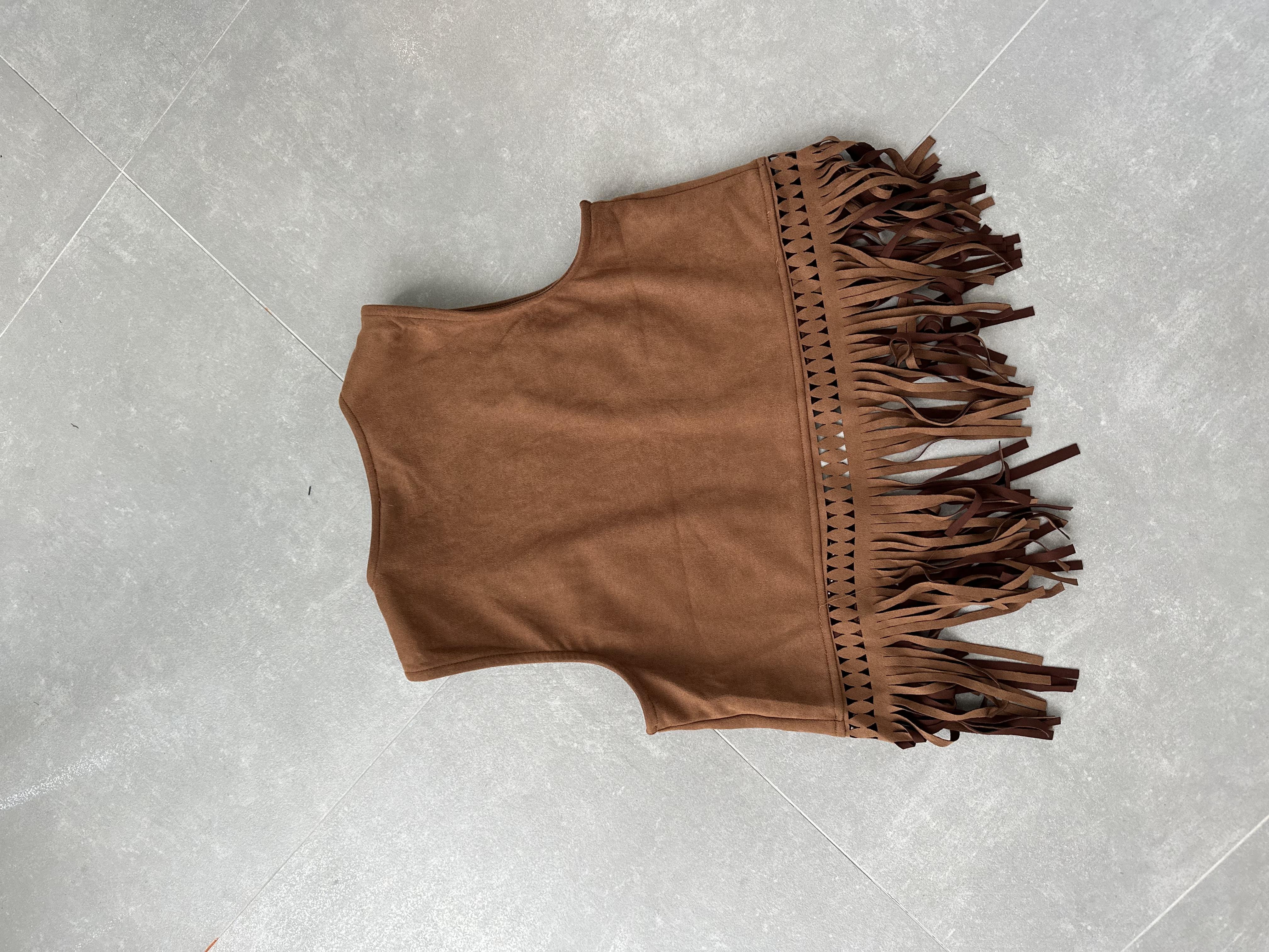 Taba Süet Nakışlı Taş Baskılı Püsküllü Yelek