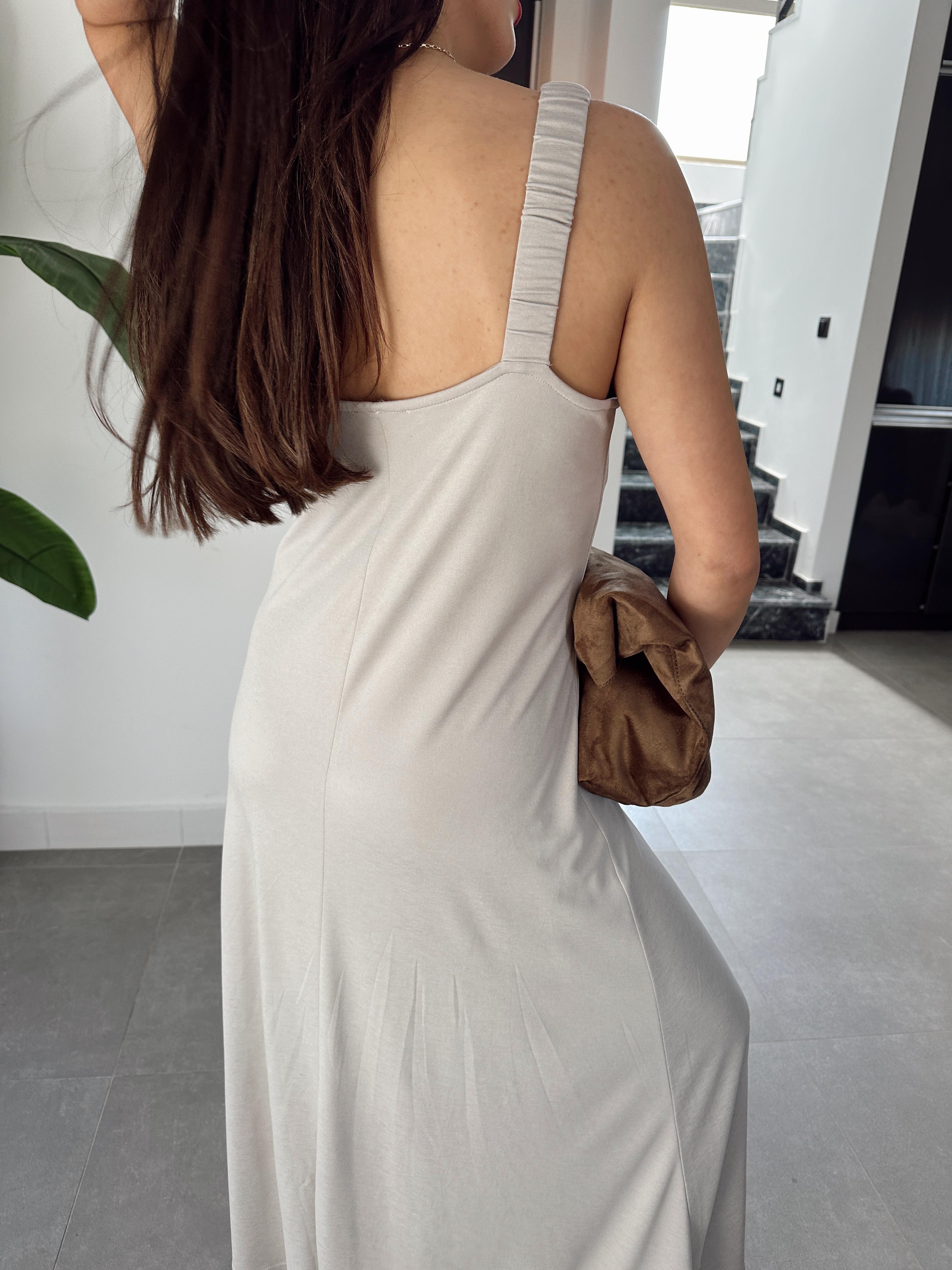 Taş Büzgü Askılı Modal Kumaş Elbise