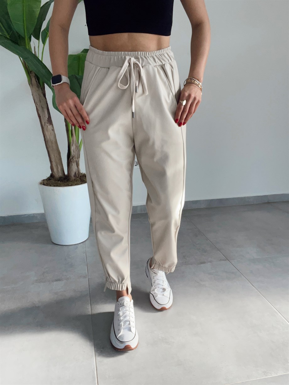 Taş  Deri Detaylı Pantalon