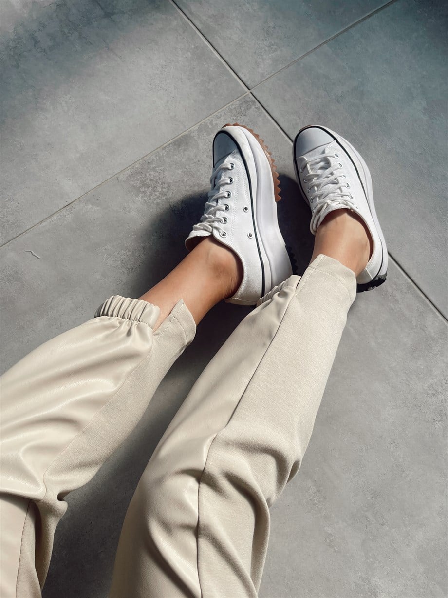 Taş  Deri Detaylı Pantalon