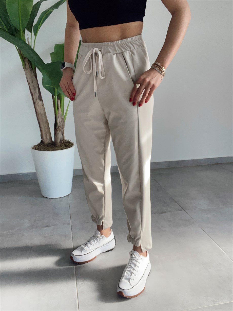Taş  Deri Detaylı Pantalon