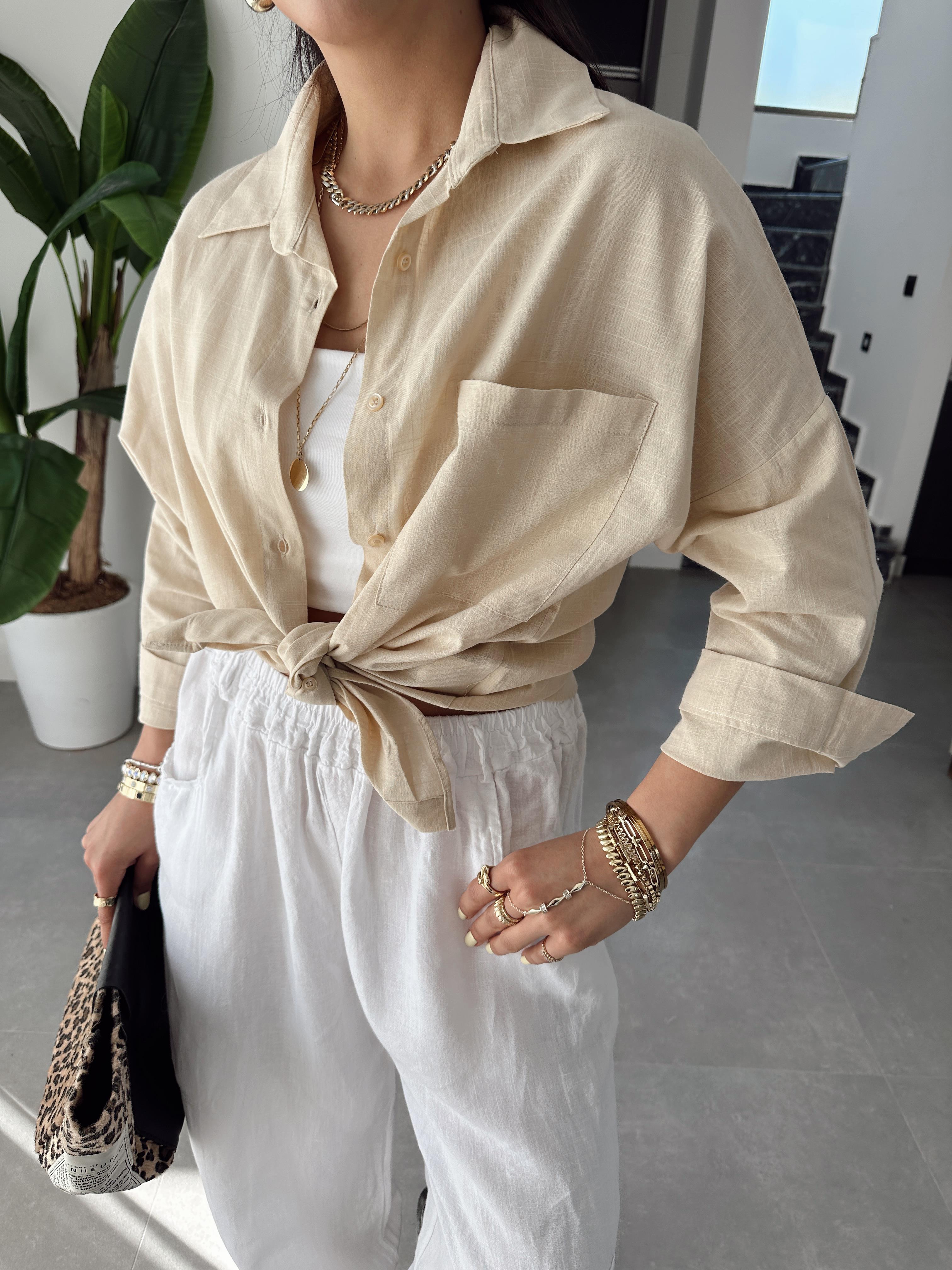 Taş Flamlı Keten Tek Cep Oversize Gömlek