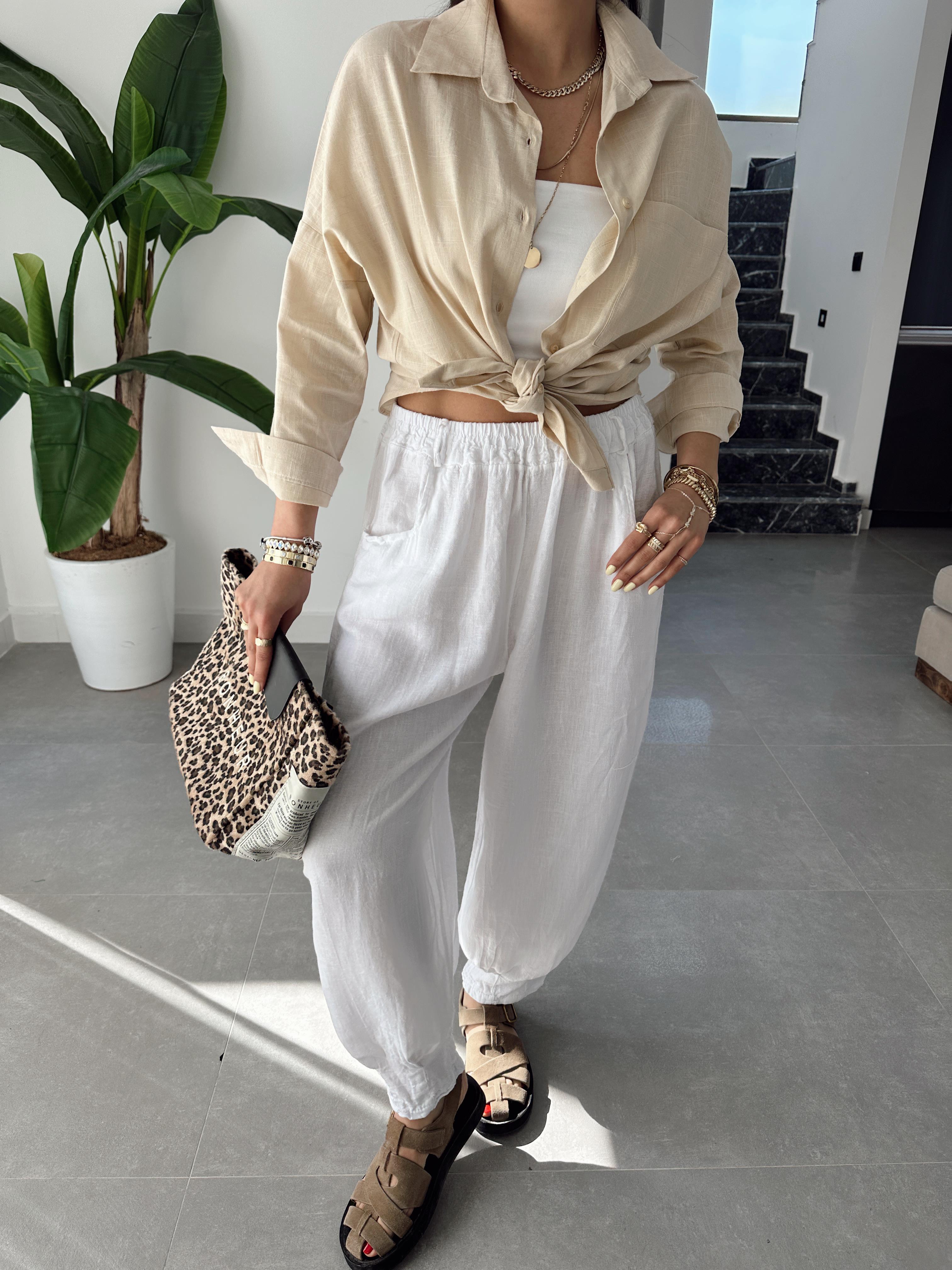 Taş Flamlı Keten Tek Cep Oversize Gömlek