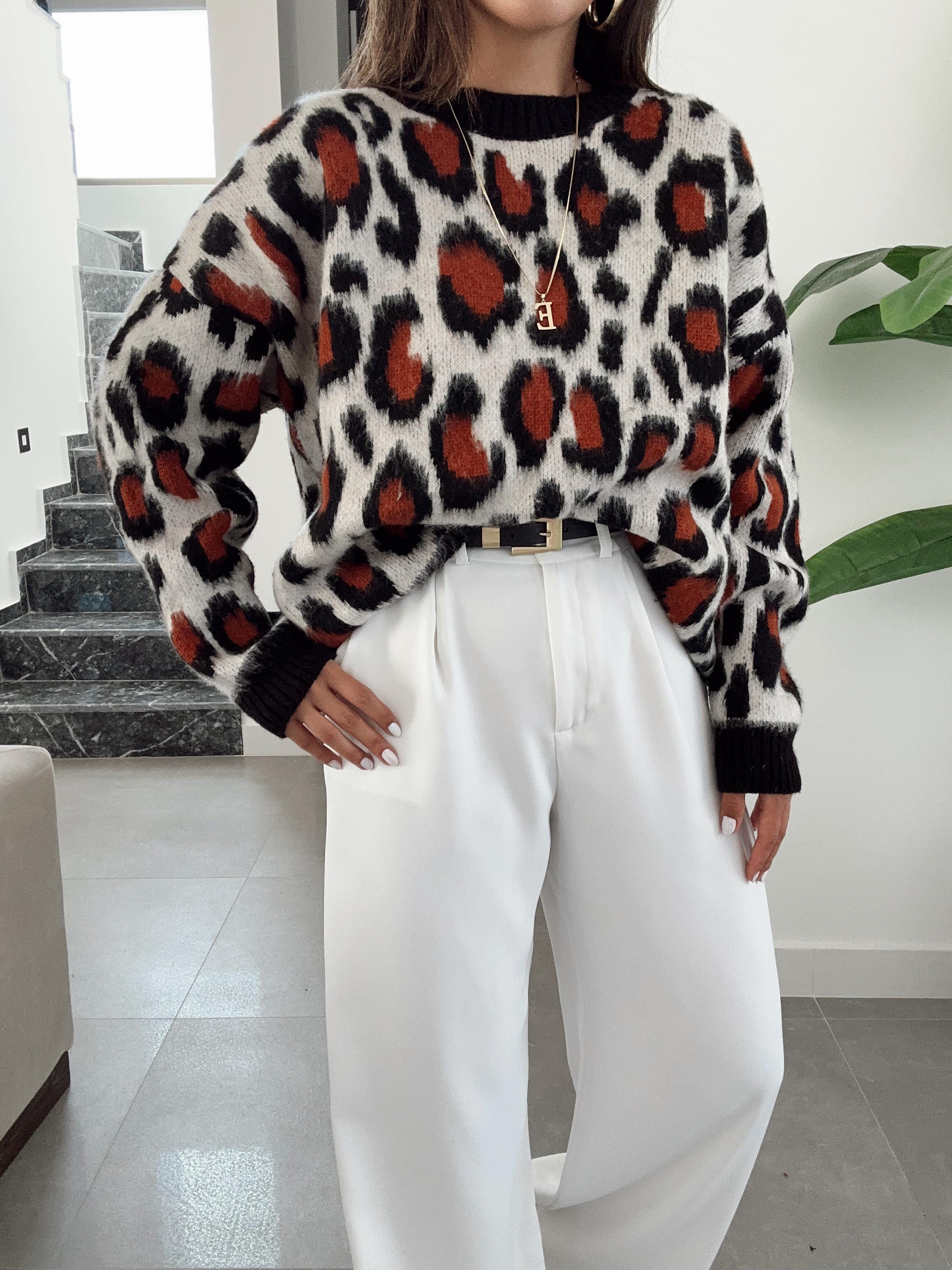 Taş Leopar Desenli Triko Kazak