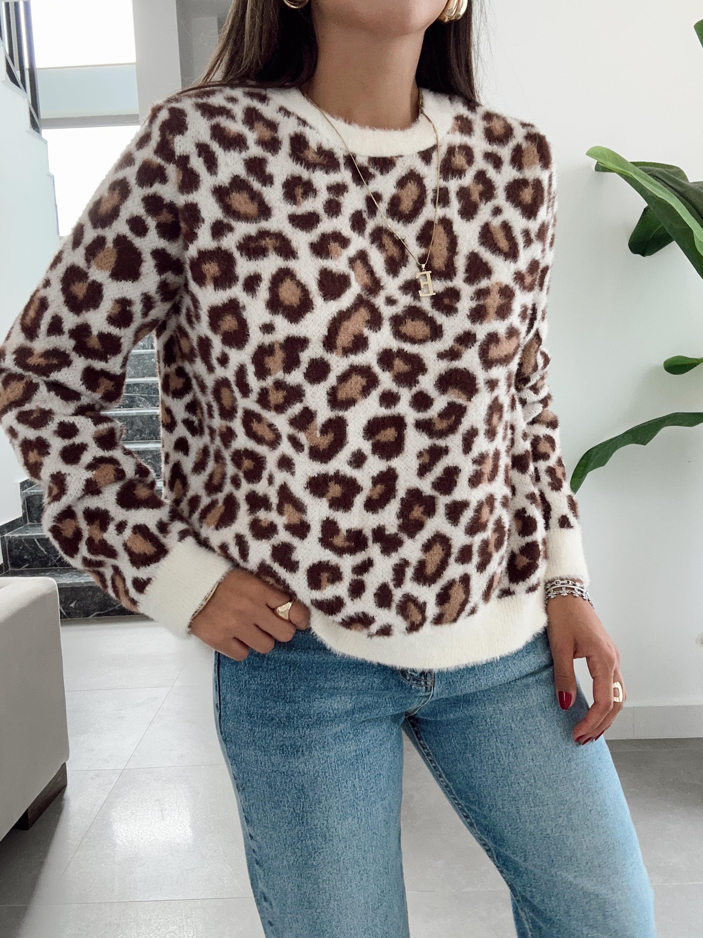 Taş Leopar Desenli Triko Kazak