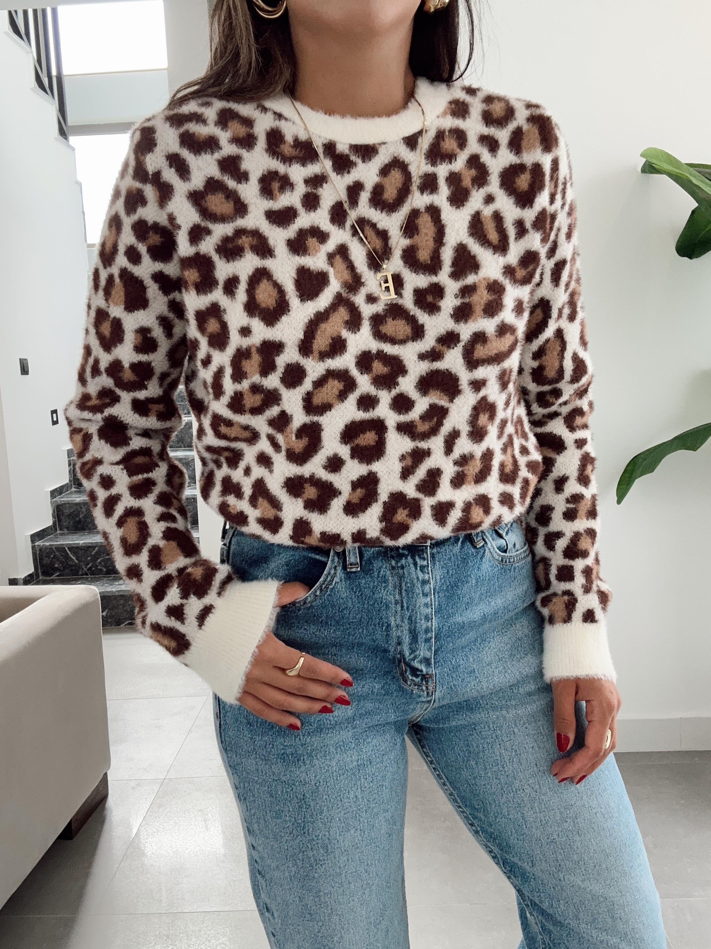 Taş Leopar Desenli Triko Kazak