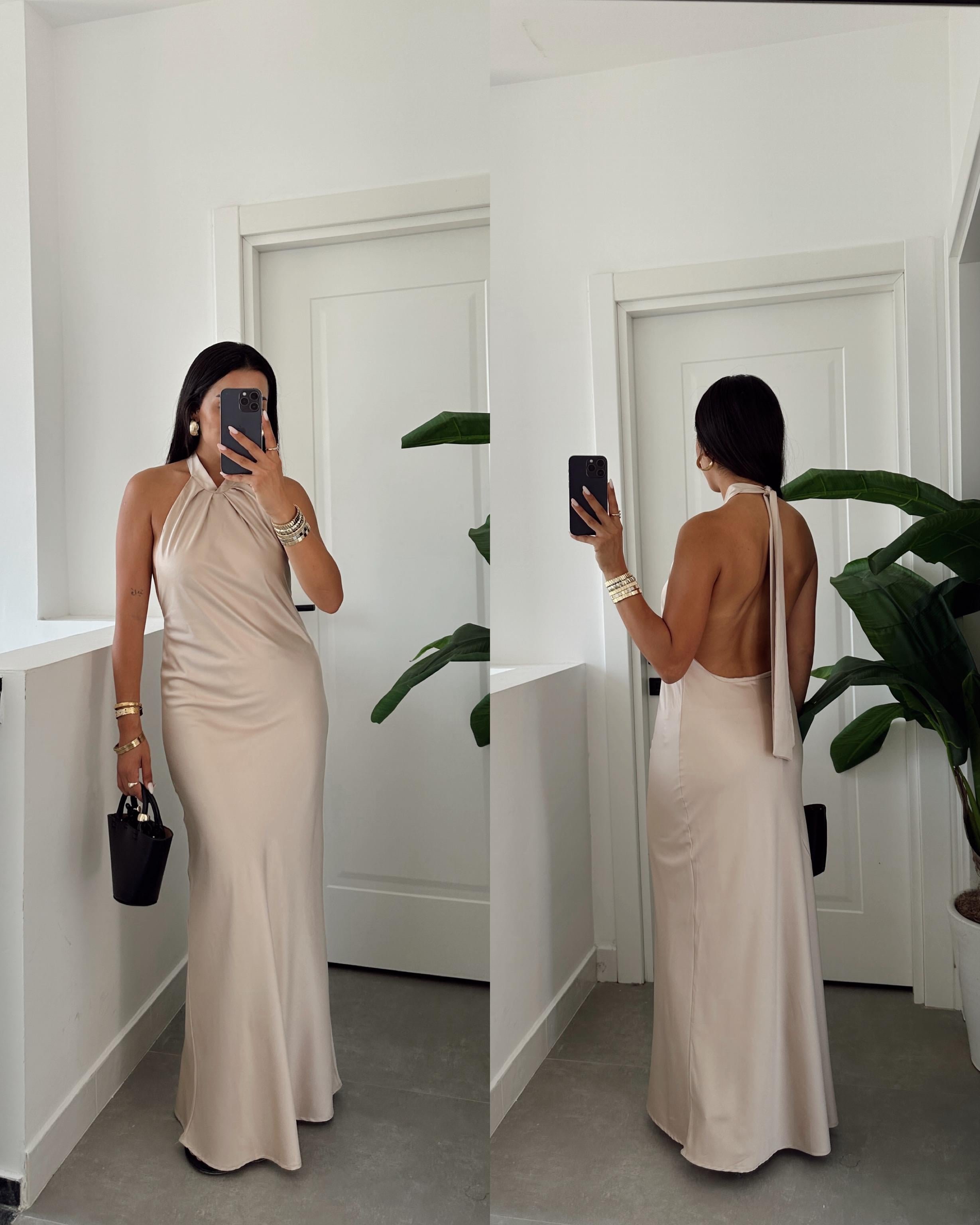 Taş Saten Sırt Dekolteli Elbise