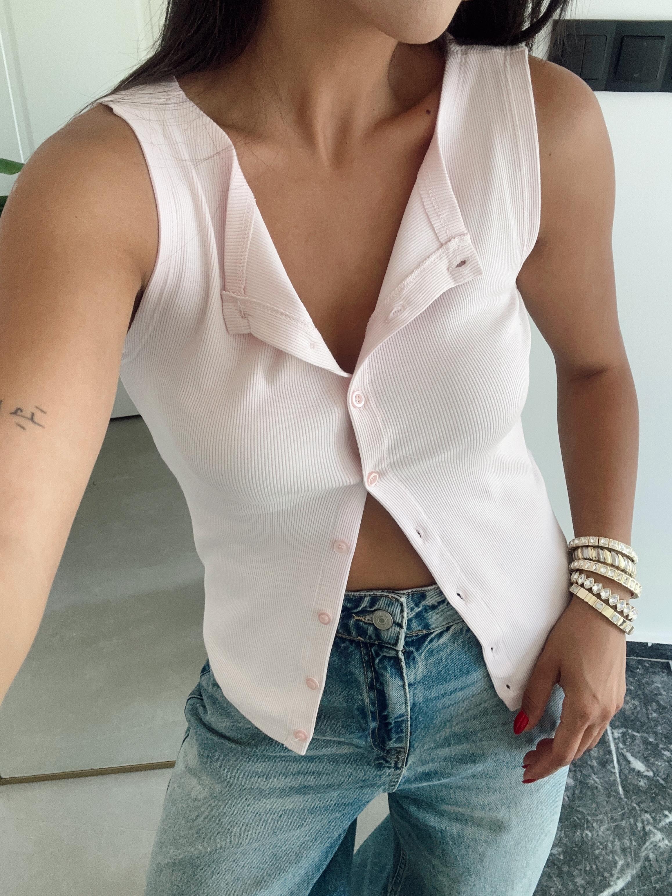 Toz Pembe Düğmeli Örme Yelek